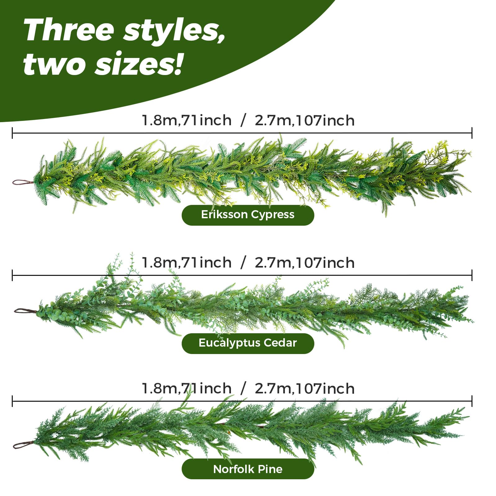 9ft Künstliche Eriksen Zypresse Girlanden, Kunst Tannengirlande Grün Fichte Kiefernadeln Girlande für Tisch Treppe Kamin, Weihnachts Festdekoration (Eriksson Cypress,9 FT)
