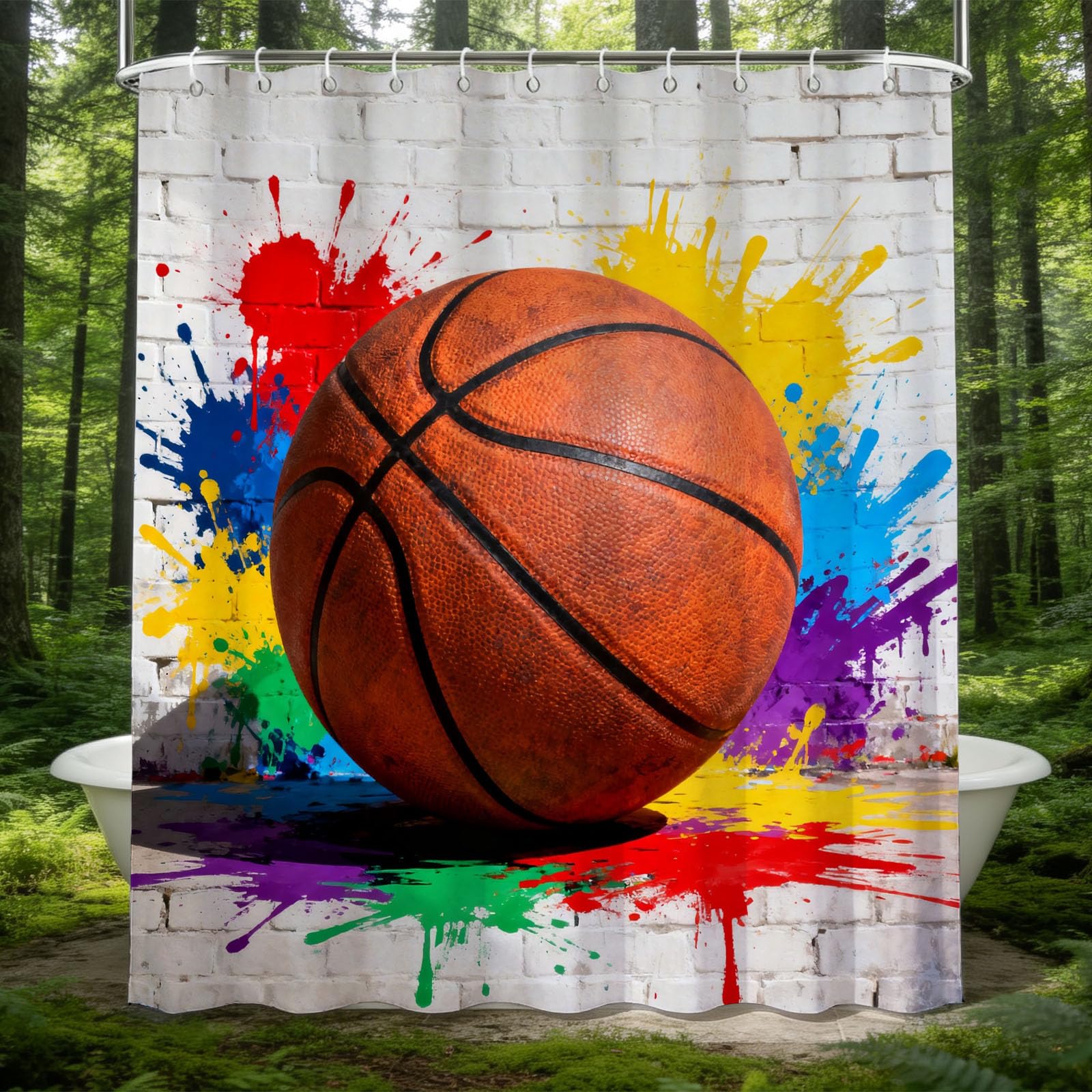 Hongduo 3D Colorful Splash Ink Basketball Shower Curtain for Stalls Bathtubs Sports Style Bathroom Decor Shower Curtain Set Polyester Fabric Waterproof 200x200cm/79X79 Inch with Hooks