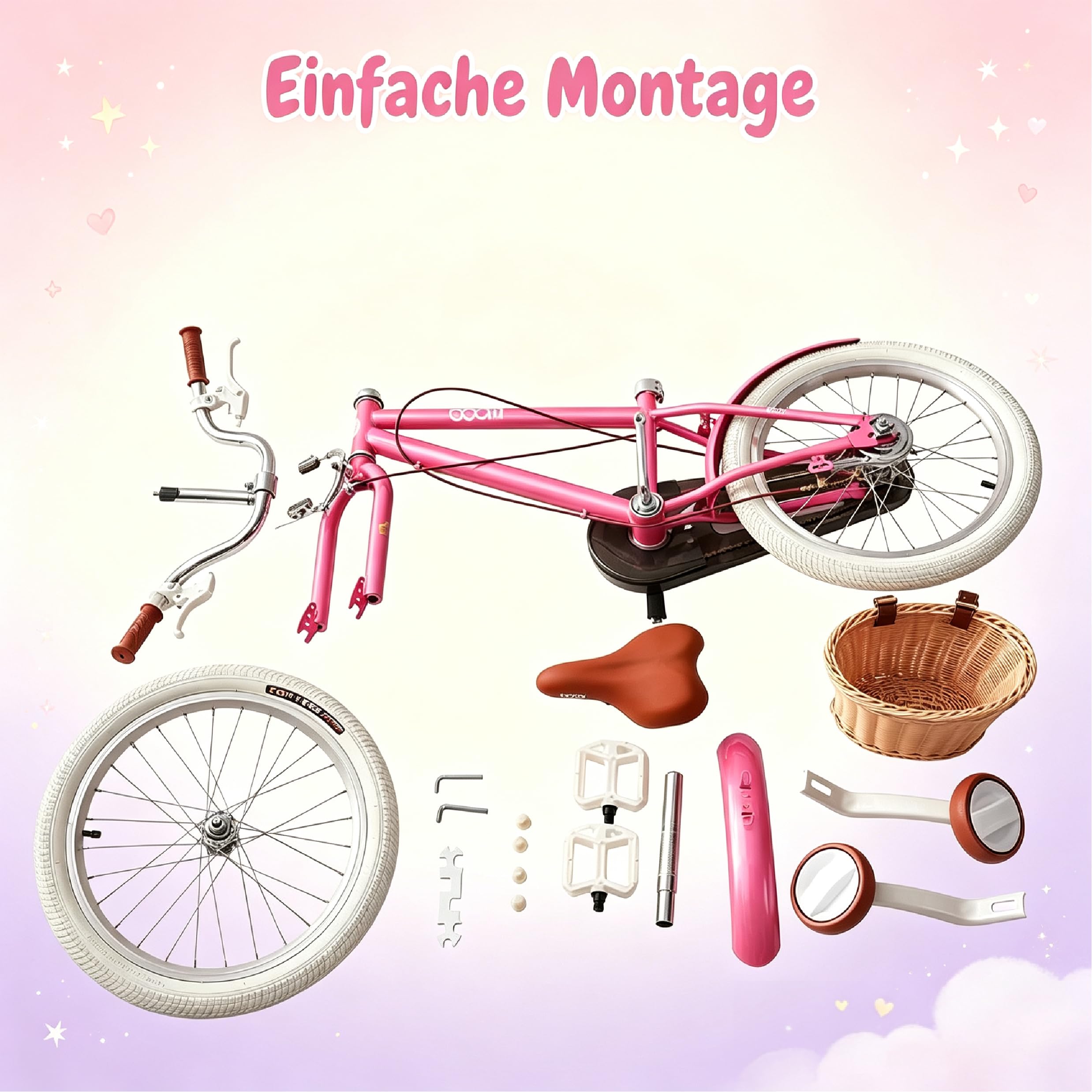 Kinderfahrrad mit Korb und Stützrädern,Mädchenfahrrad 14/16/18/20/22 Zoll für im Alter von 3 bis 14 Jahren,Fahrrad für Mädchen mit Schutzbleche und Kettenschutz,Höhenverstellbar