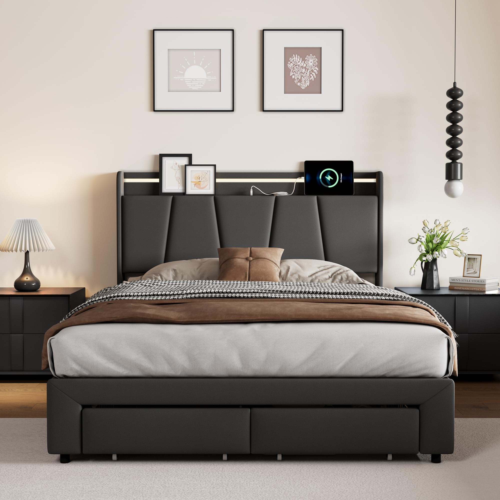Letto imbottito 140 x 190 cm con rete a doghe, letto matrimoniale idraulico con funzione di ricarica USB e testiera, per bambini, senza materasso (lino + LED, 140 x 190 cm)