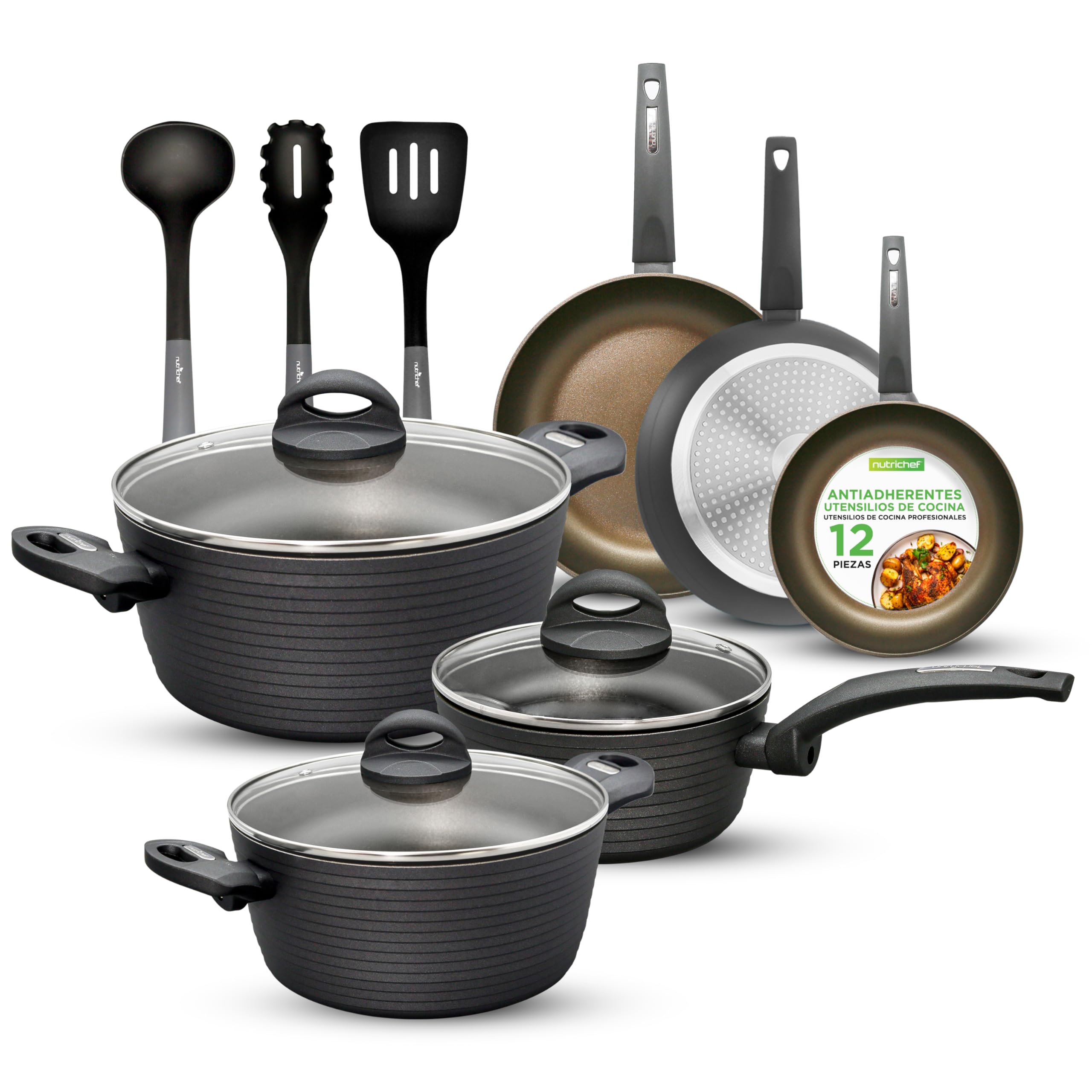 Nutrichef bateria de cocina, Antiadherentes, 12 piezas, Laca resistente al calor, Diseño elegante, Ollas y sartenes de tamaños multiples, Libre de PFOA y PFOS