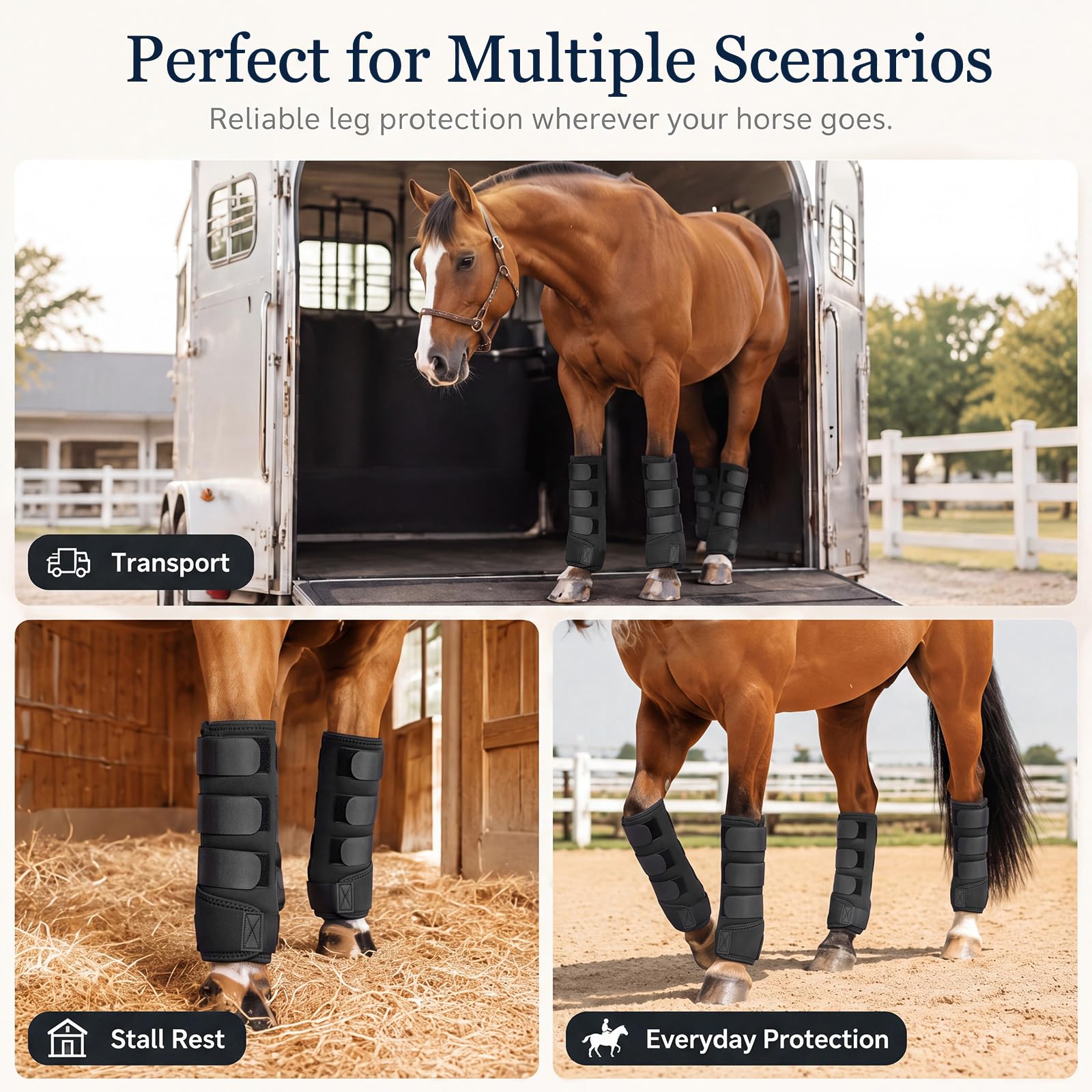 Abbylike L - Fasce imbottite per cavalli, in nylon, colore: nero | Fasce per gambe in nylon traspirante con cinghie regolabili in velcro per riposo stabile, spedizione e protezione quotidiana