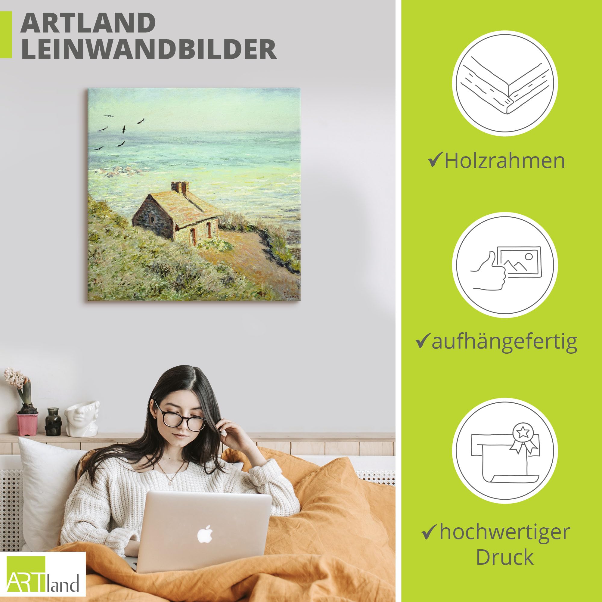 ARTLAND Wanddeko Leinwand Bilder Wandbild 50x50 cm Haus Landschaft Meer Strand Das Zollhäuschen im Morgenlicht 1882 Impressionismus Claude Monet T6UG