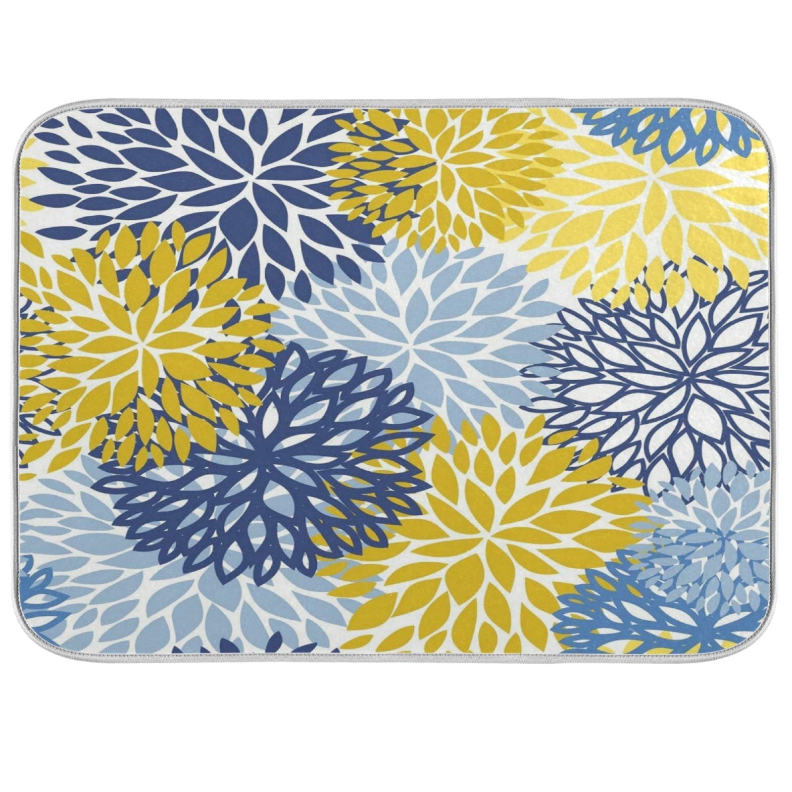 Kcldeci Blue Yellow Floral Dish Drying Mat for Kitchen 16x18 inch Drying Pad Dish Drainer Mat Dish Rack Drainer Pad For Kitchen Counter