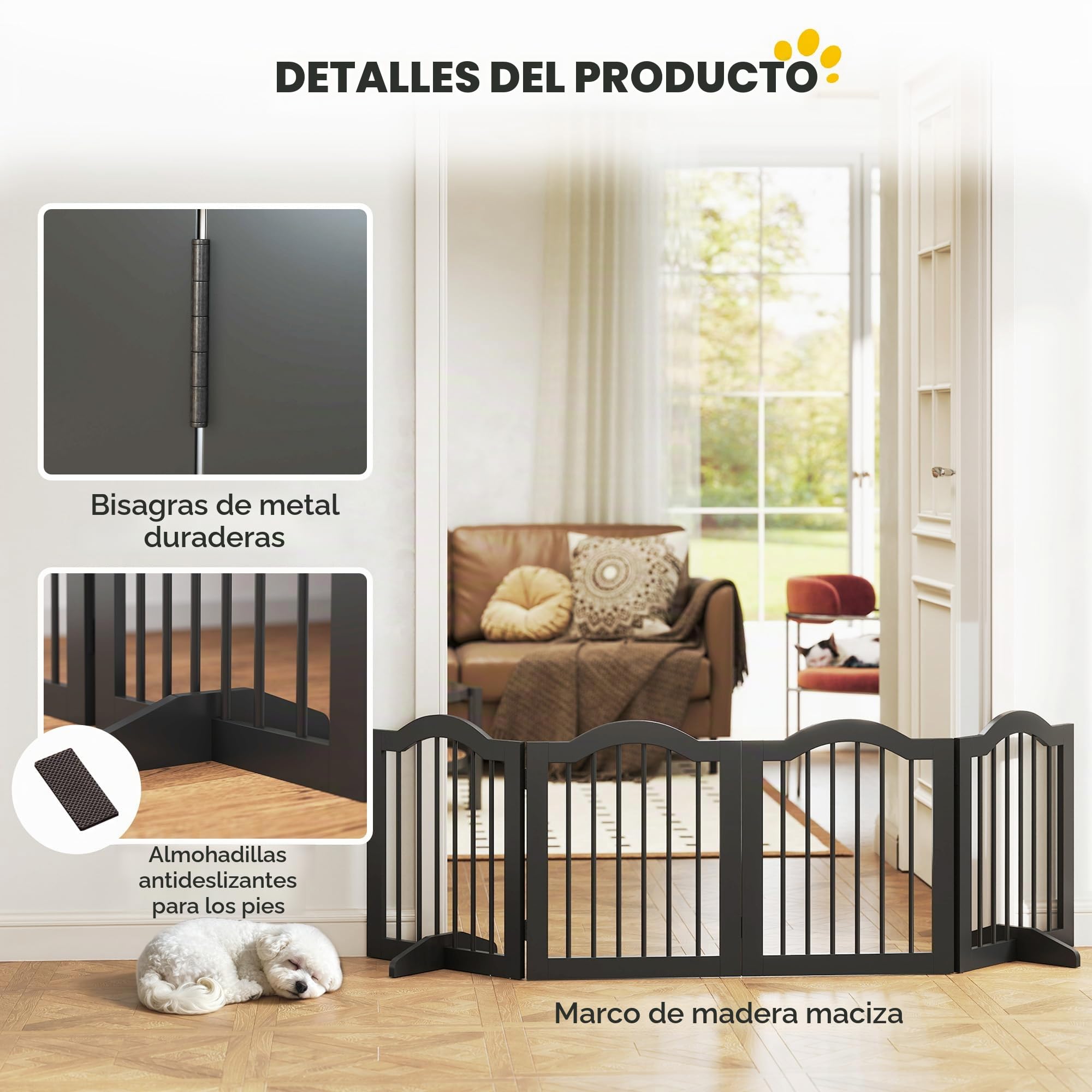 PawHut Valla Barrera Perro 4 Piezas, 208 x 61 cm Valla Plegable para Perros con Puerta, Valla Protectora de Puerta con 2 pies de Apoyo, Puerta de Escalera Independiente para Cocina, Pasillo, Negro | Rejilla para perros de 4 piezas con puerta, con 2 patas
