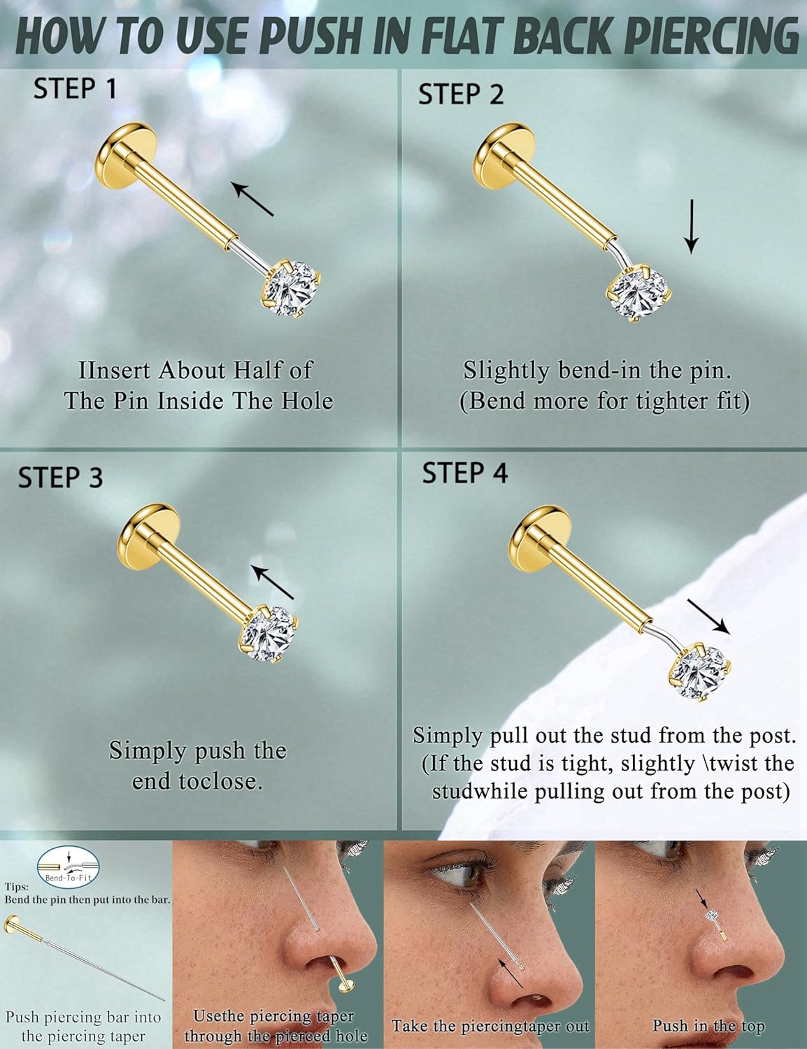 20G/16G Threadless Flat Back Earrings for Women 316L Surgical Steel Push in CZ Cartilage Stud Earrings Hypoallergenic Nose Rings Studs Conch Tragus Body Piercing Jewelry 6mm 7mm 8mm Length - Image 5