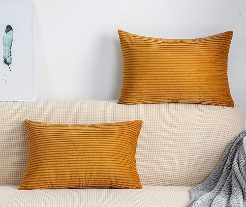 TangDepot, Juego de 2 fundas de almohada decorativas de pana a rayas de terciopelo sólido a rayas (12 x 20 pulgadas, 2 piezas, A40 naranja crema)