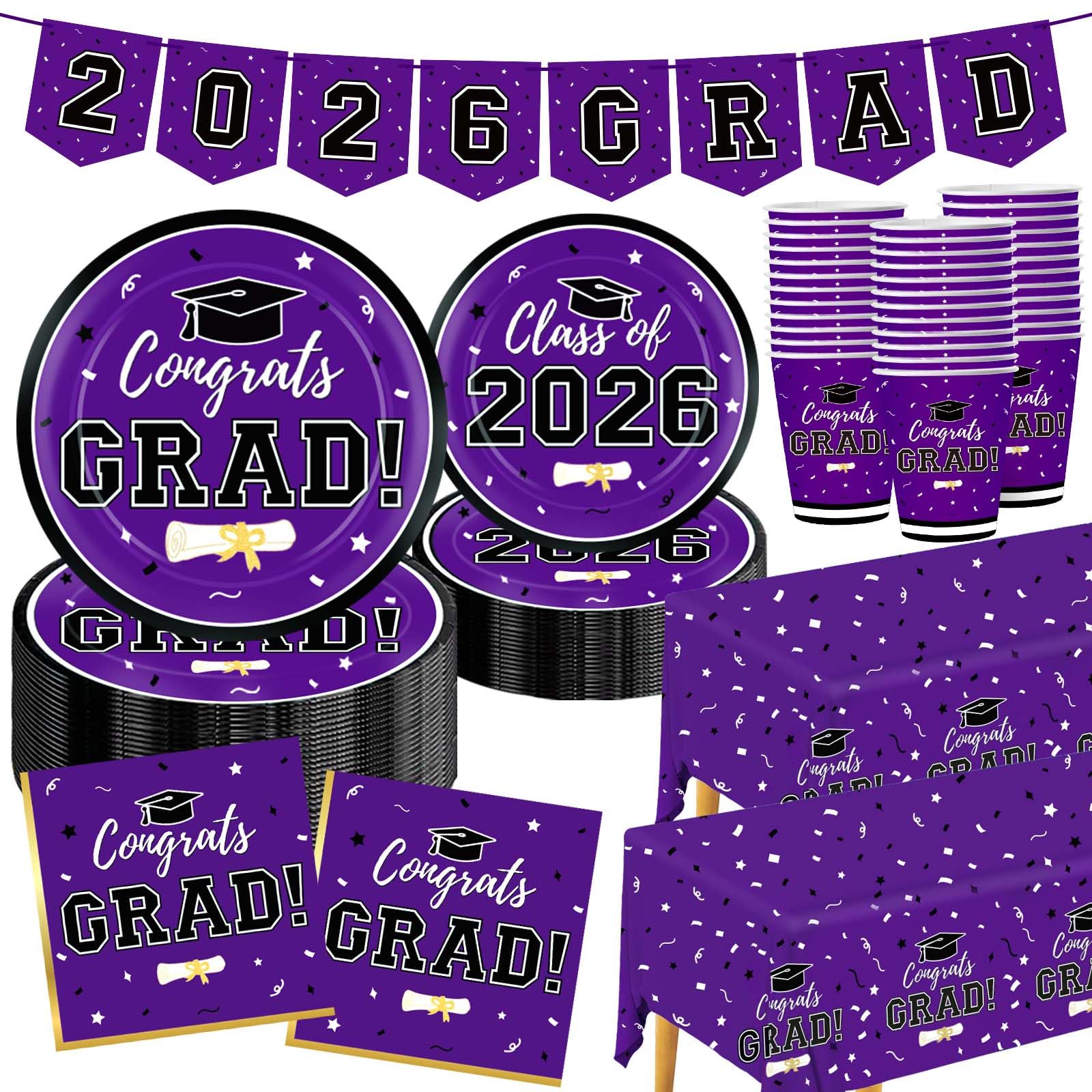 Graduation Decorations 2026 Disposable Purple Graduation Tableware Kit for 50 Guests Plates Napkins Cups Tablecloth Hanging Graduation Party Decorations 2026