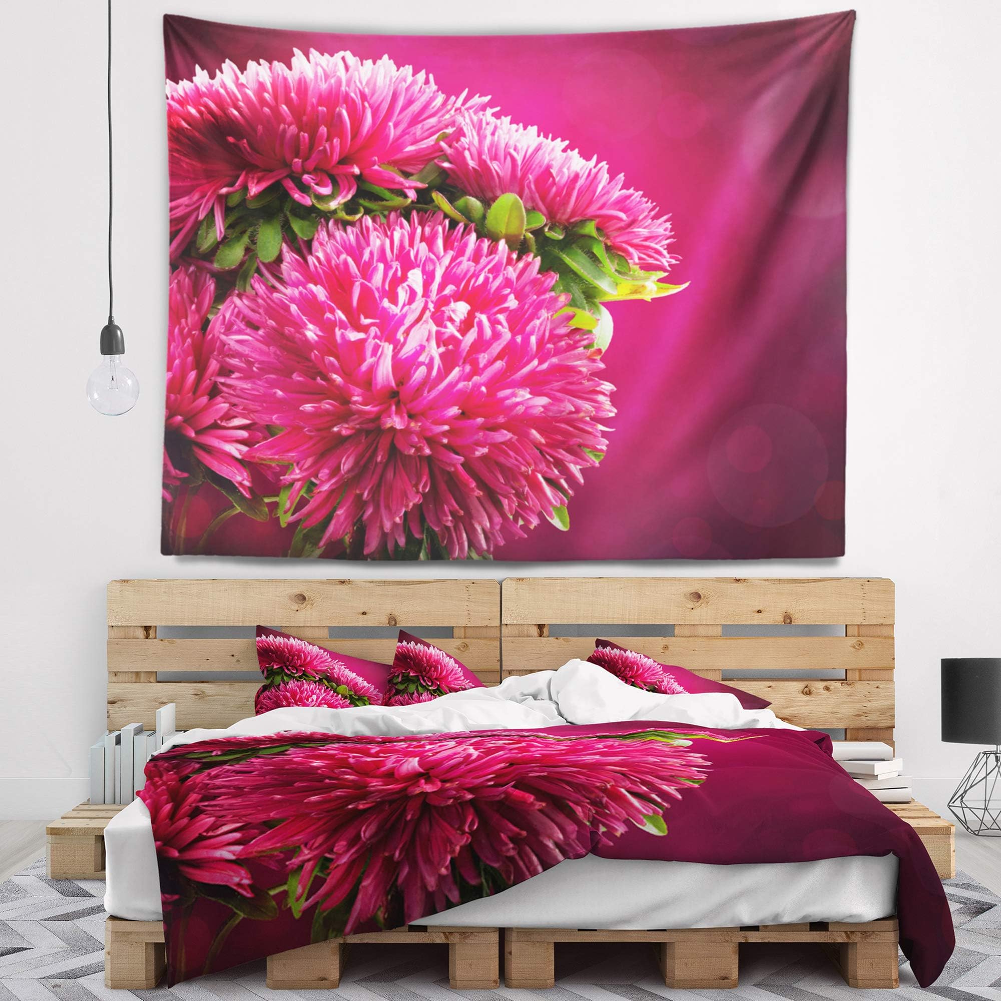Designart ' Pink Asters on Red' Flowers Tapestrywork Blanket Décor Wall Art for Home and Office Medium: 39" x 32"