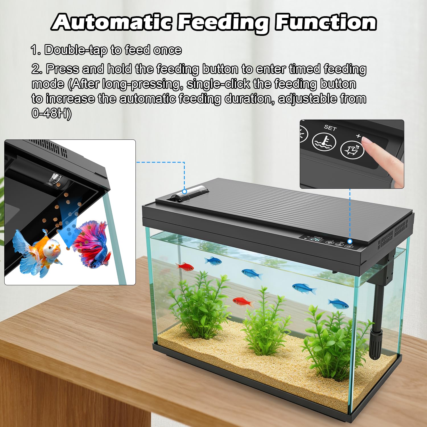 Smart Aquarium - Acquario in vetro da 5 galloni con pompa dell'acqua silenziosa, sistema di autopulizia, filtro efficienza, luci LED a 7 colori, display automatico della temperatura, vetro HD