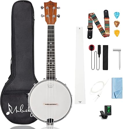 Mulucky 4-String Banjo Ukulele | Banjolele 23" Sapele Wood with Remo Head & Nylon Strings | Dark Brown Travel Kit (Bag, Tuner, Picks) - BU8017
