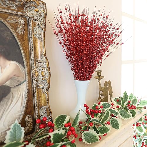 Miniatura 6 de joyhalo Paquete de 24 adornos artificiales con tallos de bayas con purpurina, palitos decorativos de cuentas, ramitas brillantes, púas, ramas para