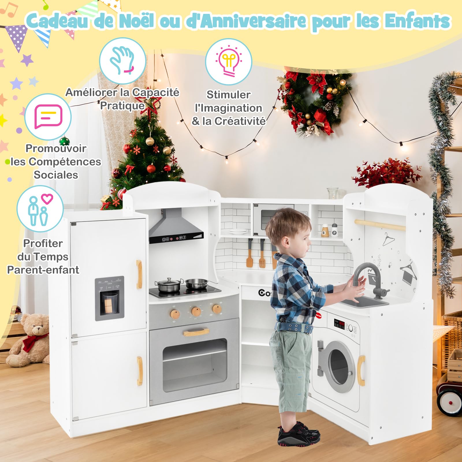 COSTWAY Cuisine Enfants en Bois avec Lumière & Effet Sonore, Jeu de Cuisine d'angle avec 14 Accessoires & Micro-Ondes, Espace de Stockage, Jouet d’Imitation pour 4 Enfants de 3-10 Ans (Blanc)