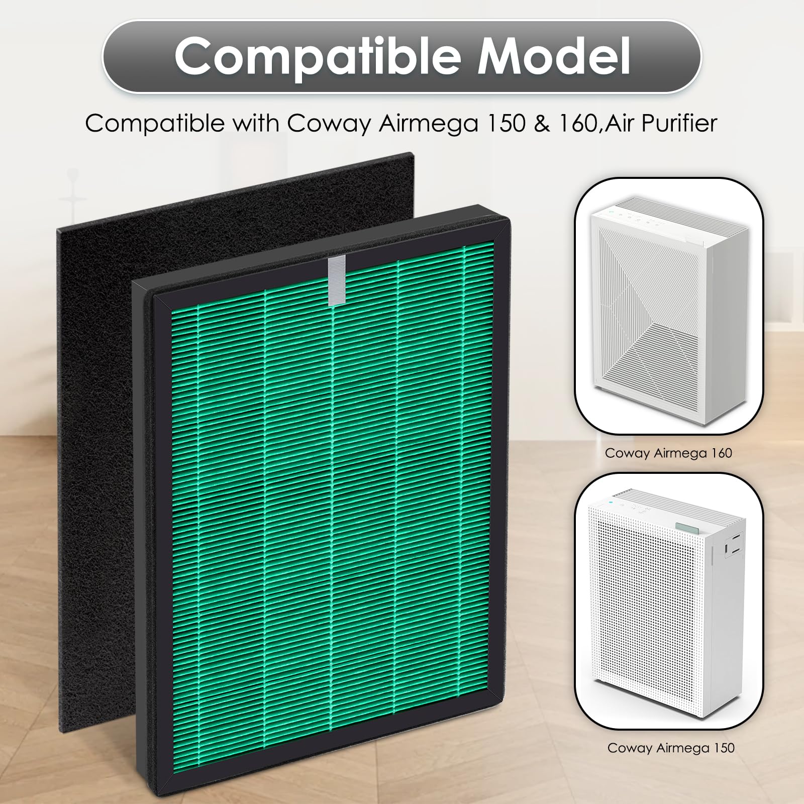 (2 pezzi) Airmega 150 filtri di ricambio per purificatore d'aria Coway Airmega 150, H13 True HEPA e filtro ai carboni attivi, 2 filtri verdi e 10 filtri a carbone attivo, AP-1019C-FP