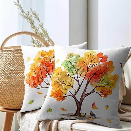 Miniatura 7 de Fundas de almohada de otoño de 18 x 18 pulgadas, fundas de almohada de otoño de lino y algodón, juego de 2 fundas de almohada de árboles coloridos,