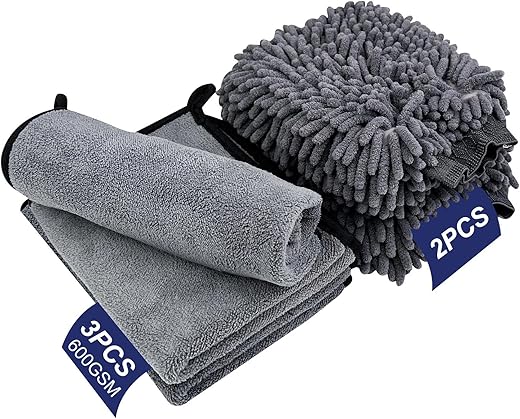 5 Pieces Car Cleaning Kit, 3 Pcs Microfiber Cloths, 2 Pcs Cleaning Gloves, Microfiber Car Drying Towels, Car Cleaning Products, Microfiber Cloths, for Drying Without Scratches and Polishes