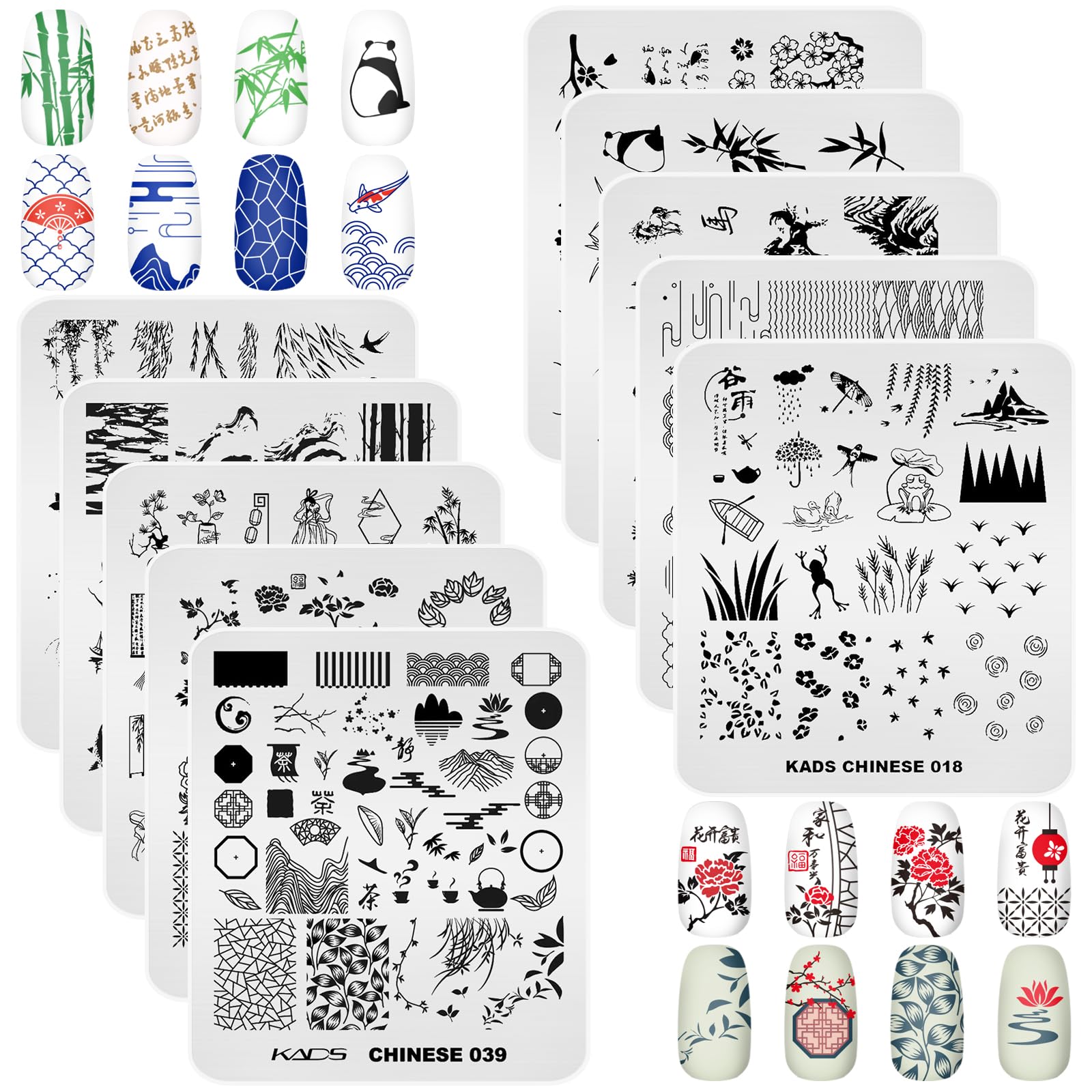 Rolabling 10pcs Nail Art Stamping Plates Set Chinese Classical Element Design Traditional Poem Bamboo Nail Image Template Stencils Plates Manicuring DIY Printing Tools