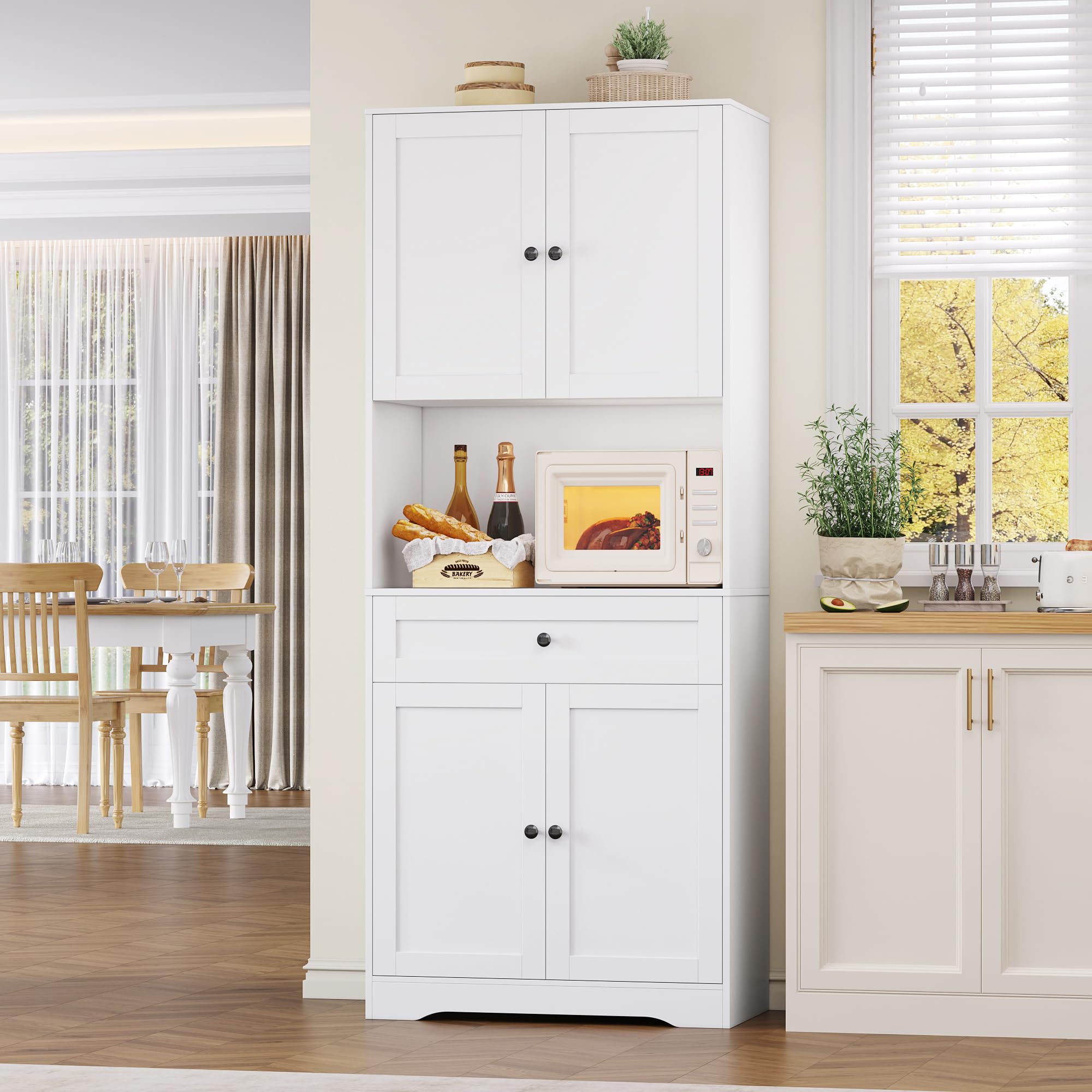 FOREHILL Alacena de Cocina 180cm Aparador Comedor Mueble Auxiliar de Cocina Armario Almacenaje Armario Despensa Cocina, 4 Puertas, 1 Cajón, Estantes Ajustables, para Comedor, Baño (Blanco) 40x75x180cm