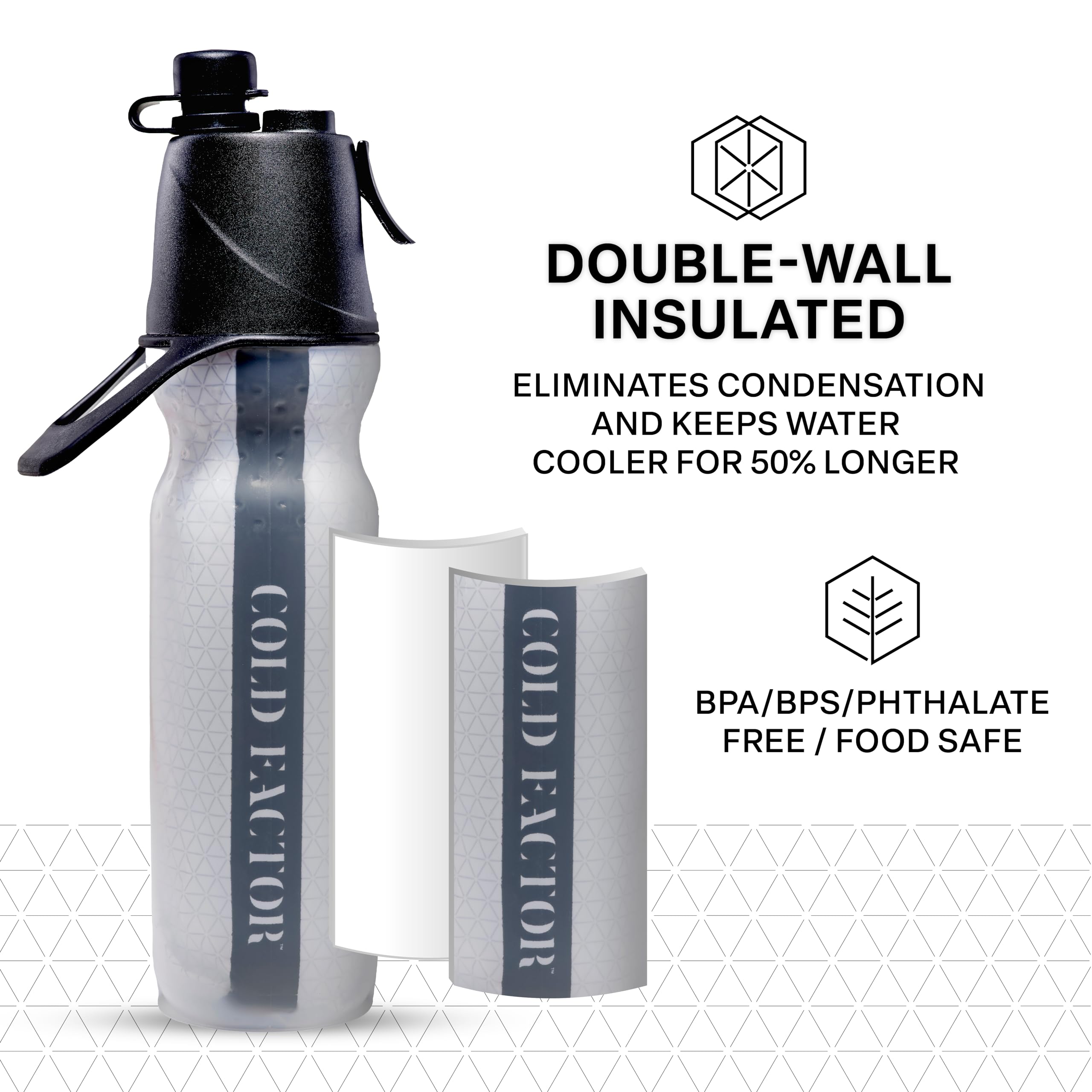 COLD FACTOR Isolierte Wasserflasche mit Kühlspray, nachfüllbare Sportflasche für Fitnessstudio, Radfahren, Fitness und Outdoor-Sport, Fahrrad, BPA-frei, wiederverwendbares Design für Training und