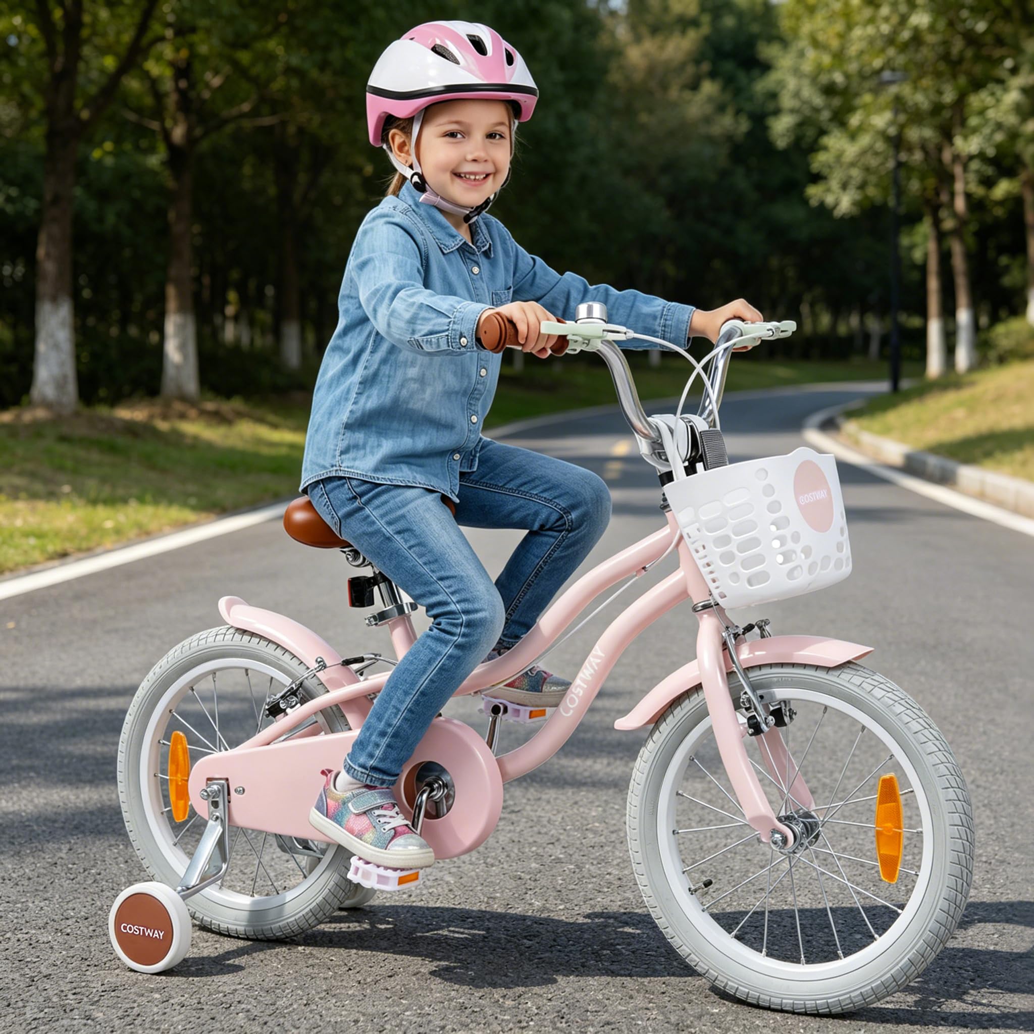 COSTWAY Kinderfahrrad mit Korb & Klingel, 14/16 Zoll Mädchenfahrrad mit höhenverstellbarem Sattel & Lenker, Fahrrad mit Doppelbremsen, abnehmbaren Stützrädern für 3-7 Jahren Mädchen