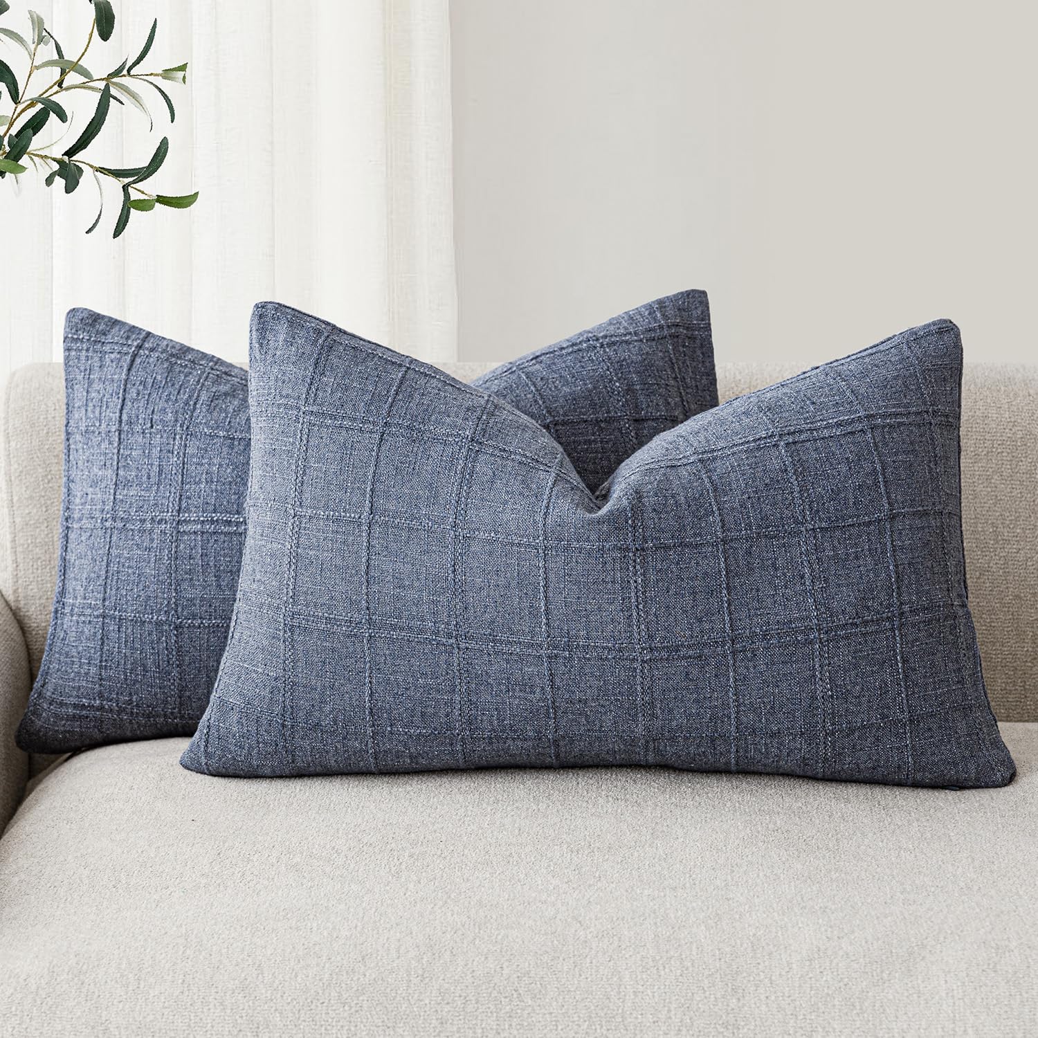 Foindtower Textured Linen Check Lumbar Throw Pillow Covers 12×20 Inch,Blue