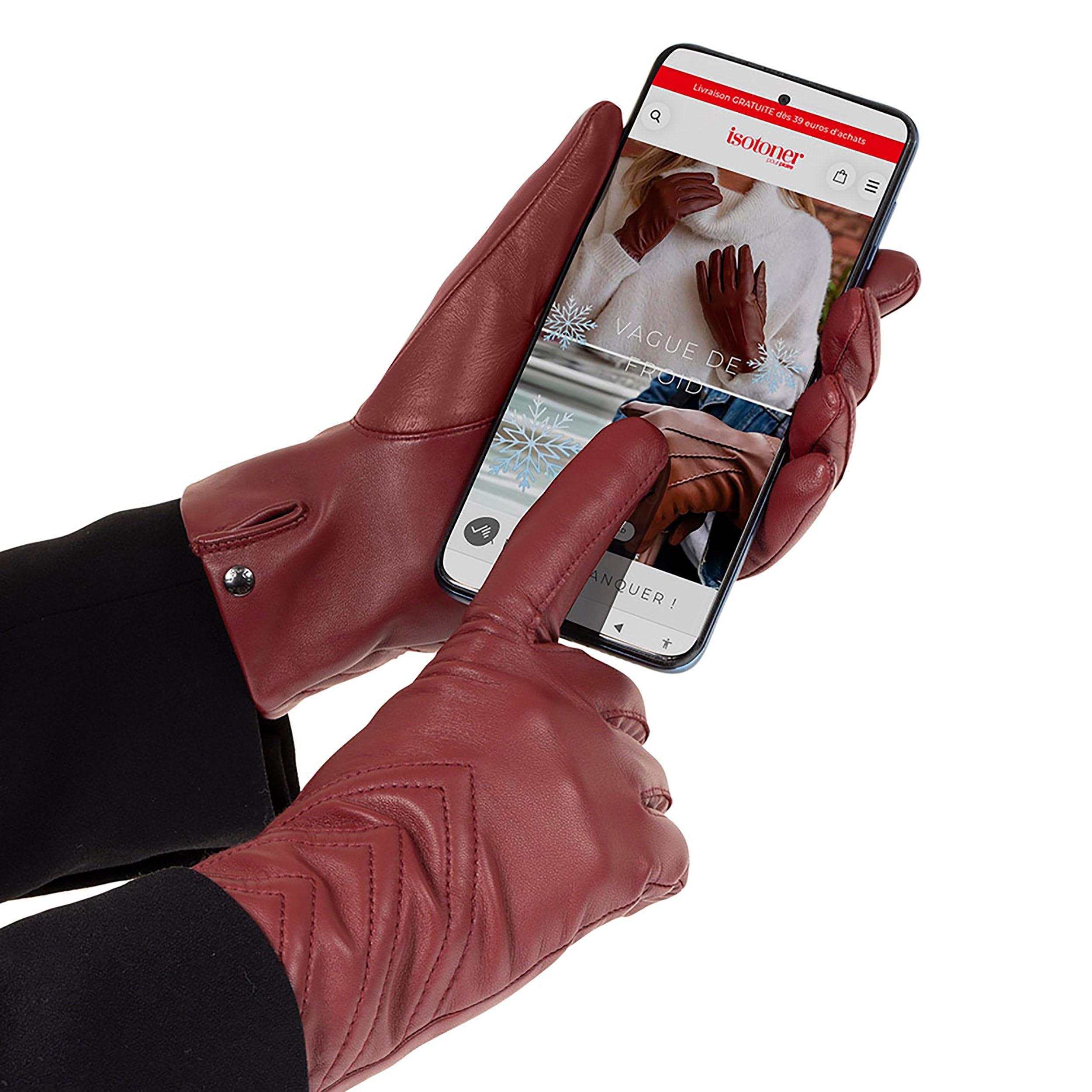 Isotoner Gants femme tactiles en cuir de moutone tissu - doublés soie, TU,