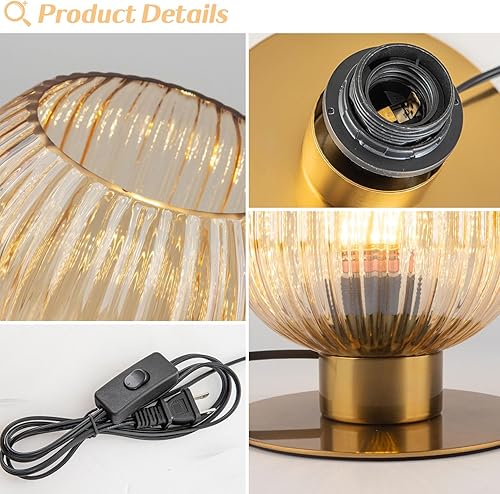 Miniatura 5 de Lámpara de mesa pequeña, lámpara de mesa moderna de mediados de siglo, lámpara de mesa de globo de vidrio acanalado ámbar, lámpara de mesita de