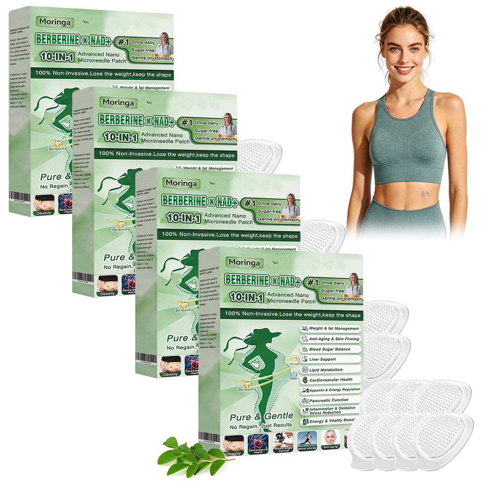 Lots de of 7 Patchs Berberine x NAD 10 EN 1 avec Moringa, Patch Nano Microneedle, Ingrédients Naturels, Doux et Efficace, Raffermissant la Peau, Facile à Appliquer, pour Hommes et Femmes (4 Boîtes)