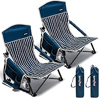 SunnyFeel Folding Low Beach Chairs 2-Pack - Portable Camping Chairs 300 LBS Capacity, Cup Holder, Compact Carry Bag for Adults
