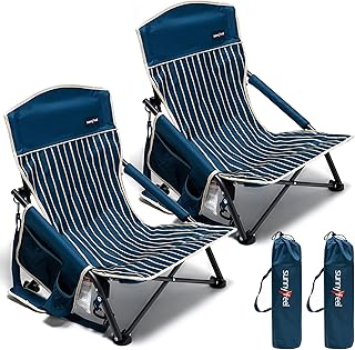 SUNNYFEEL Folding Low Camping Beach Chair 2 Pack, Portable Backpacking Chairs with Cup Holder,Carry Bag Compact & Heavy Duty for Adults 300 LBS for Outdoor Picnic Fishing Sand Lawn