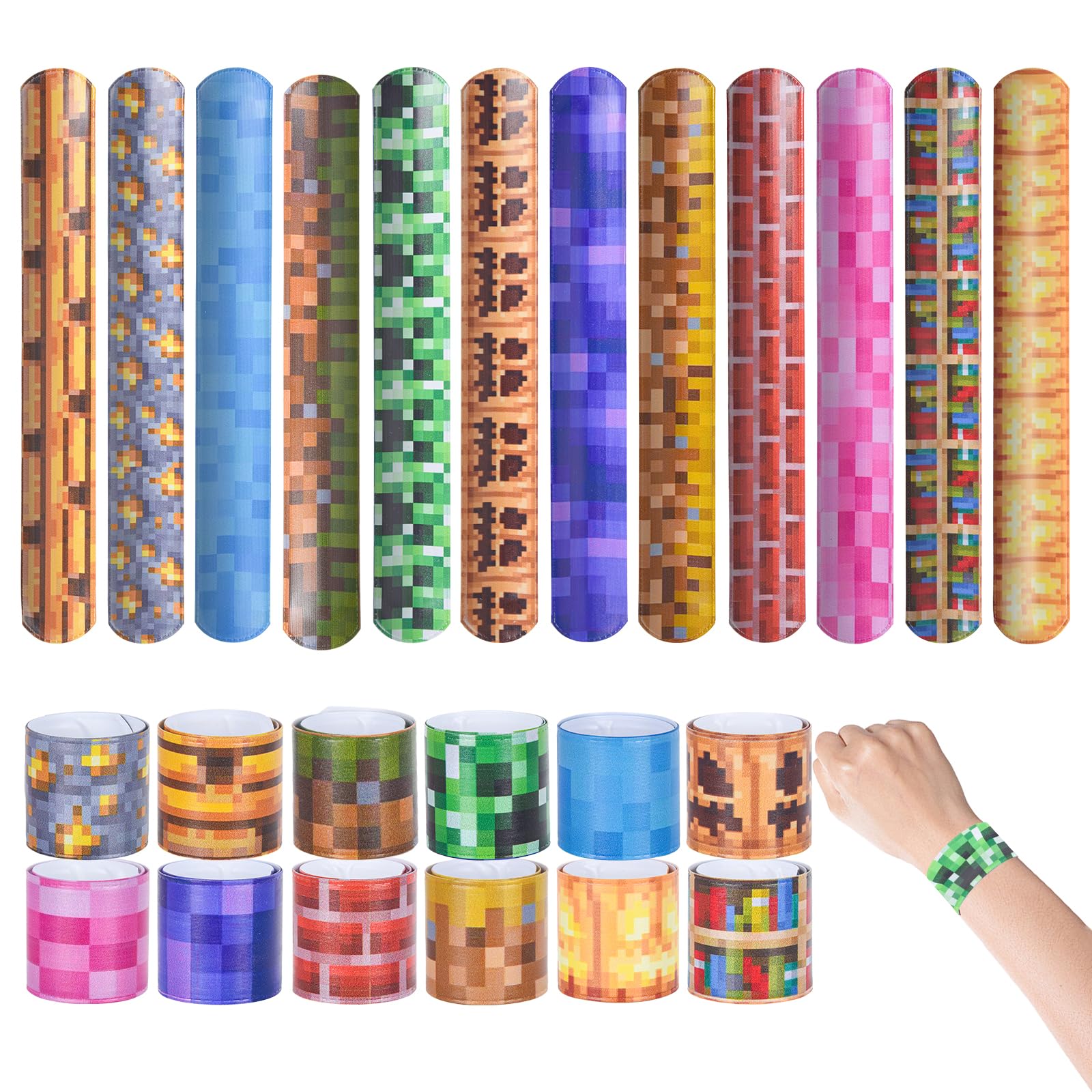Lottmopi 24 Pcs Pixel Party Favor - Pixel Slap bracelets, Birthday Decorations Party Supplies, Exchanging Gifts Classroom Prizes, Game Theme