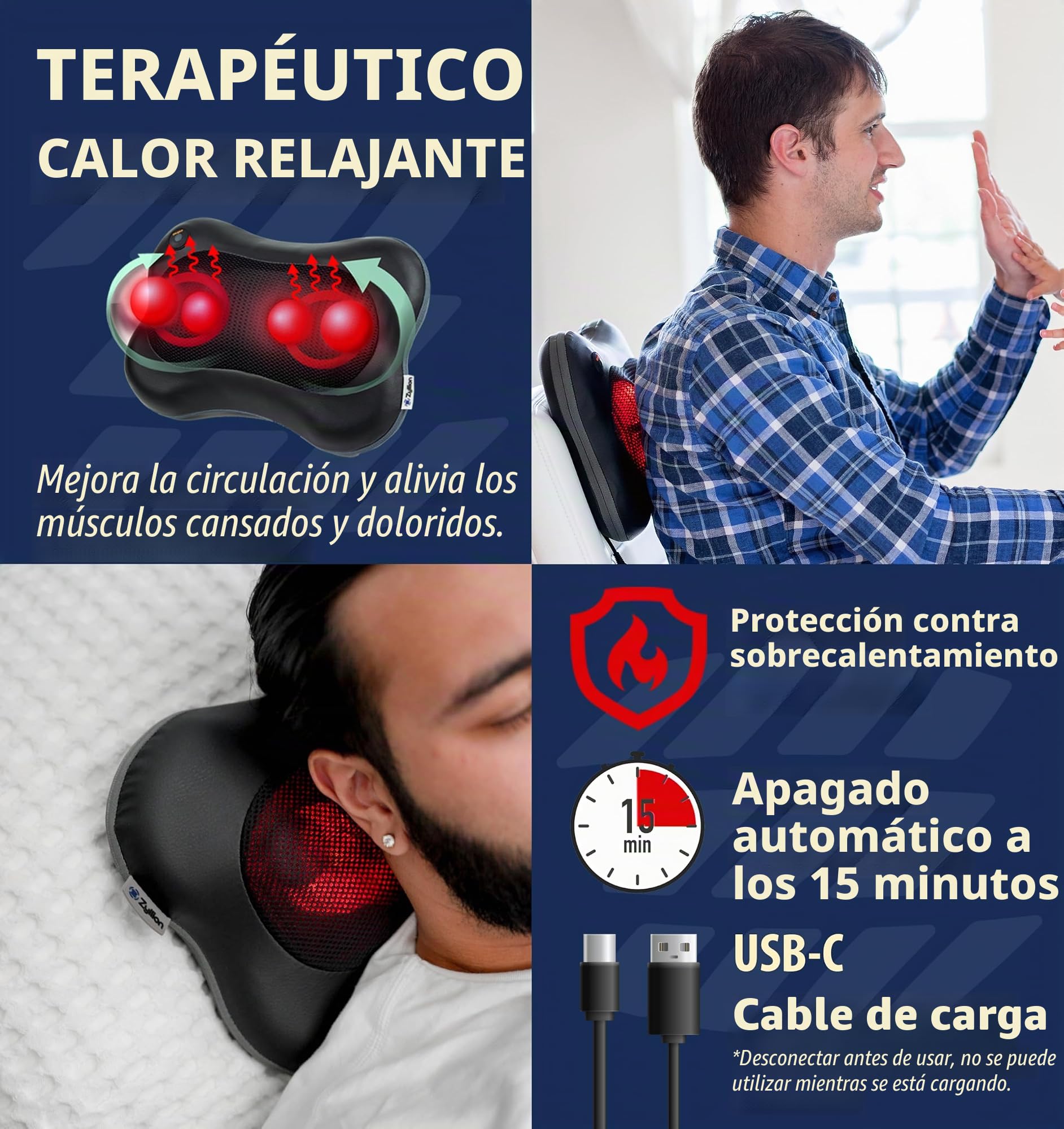 Zyllion Masajeador Shiatsu Espalda y Cuello – Almohada de Masaje Profundo con Calor para Dolor Muscular, Inalámbrico y Recargable – Masajeador Cervical y Espalda 3D, Negro, (ZMA-13RB-BK)