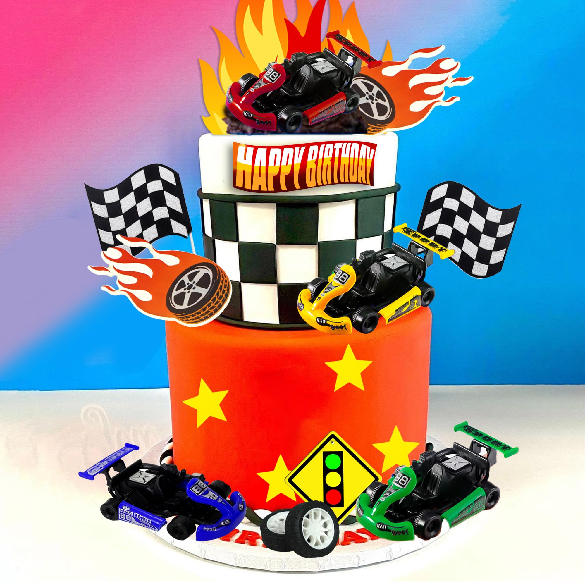 Decoración Para Tartas De Coches - 23 Piezas, Incluye 6 Cochecitos Y Banderas, Para Cumpleaños Infantiles, Cupcakes Y Postres