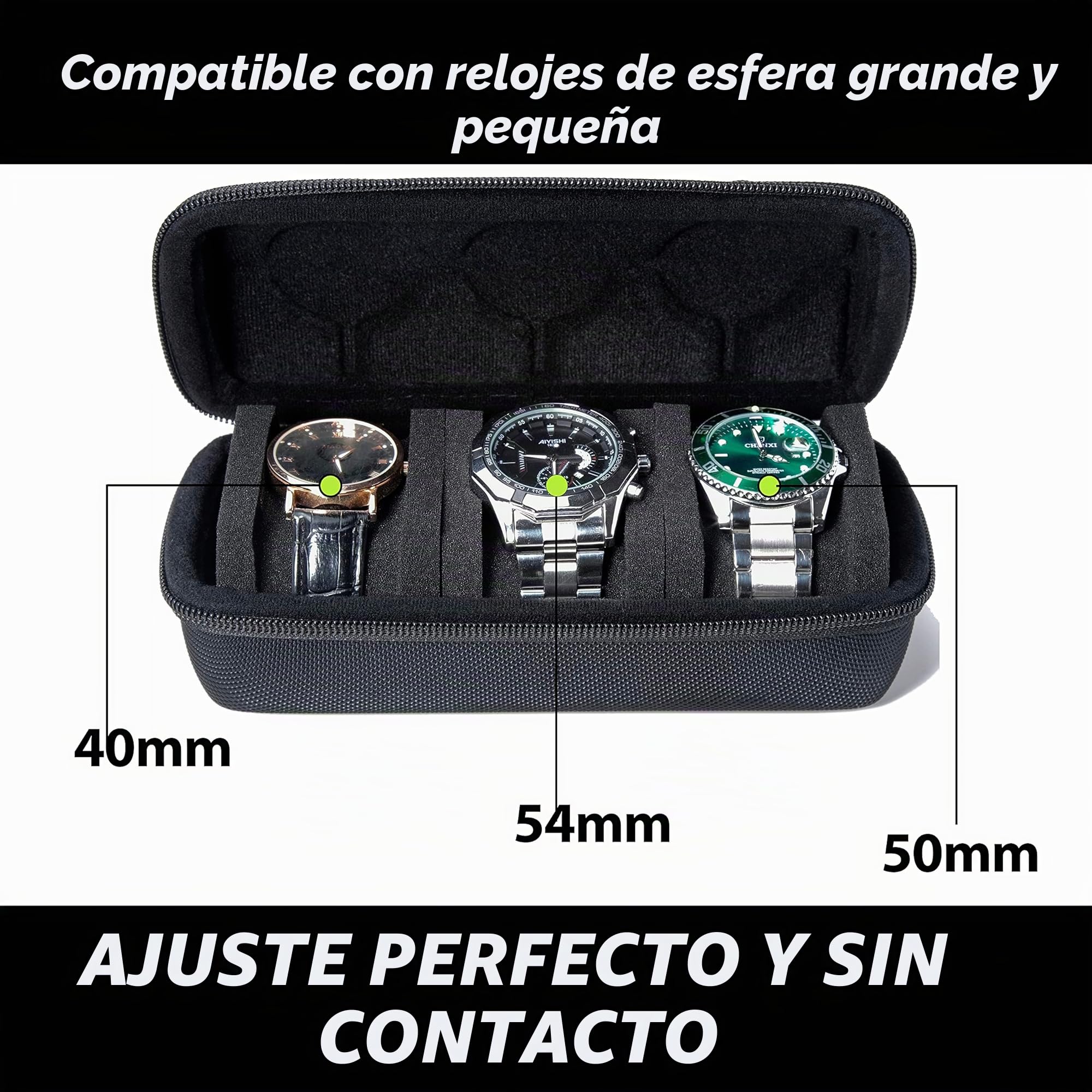 Estuche rígido de viaje para reloj de 3 ranuras, organizador con almohada antimovimiento, negro