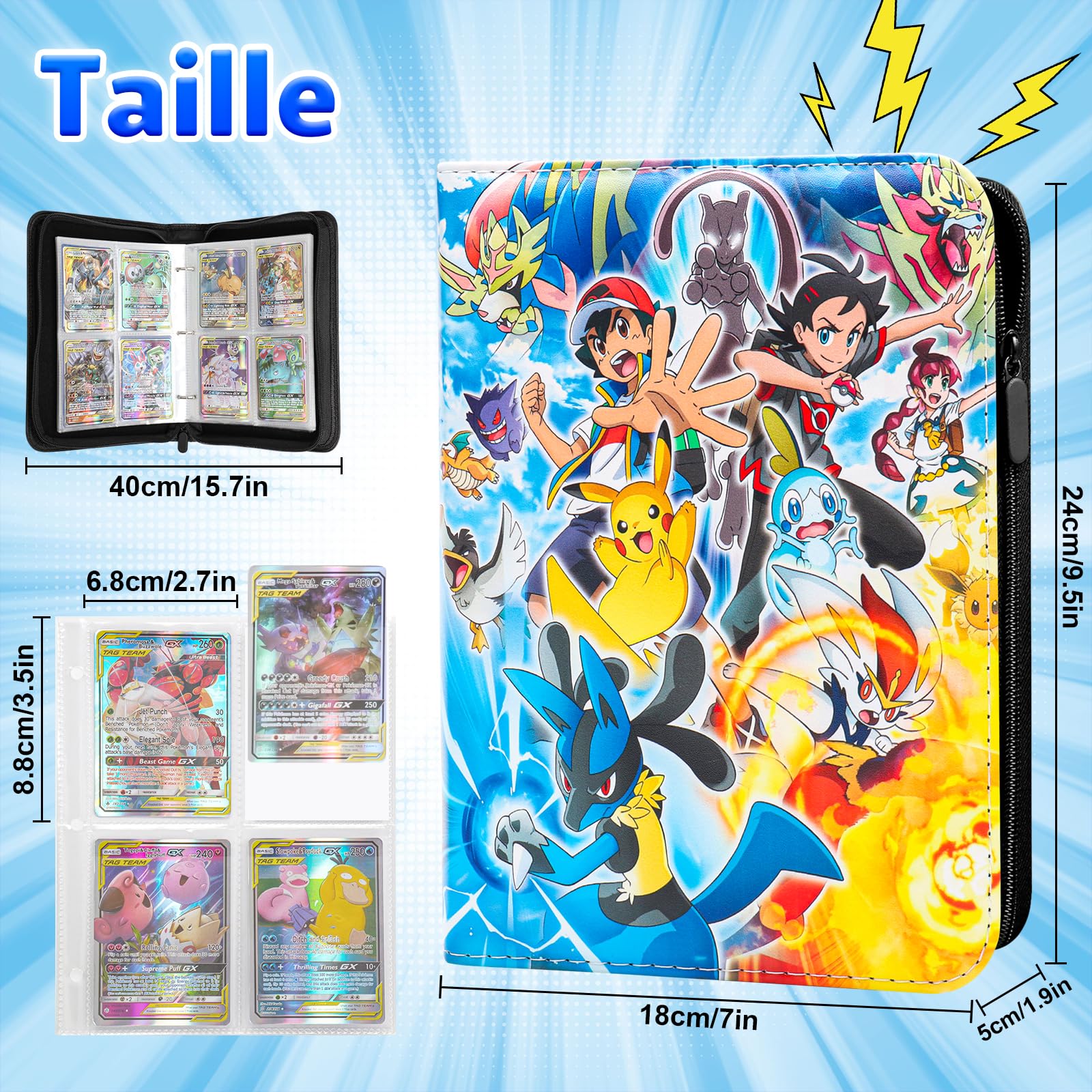 Classeur Carte,Capacité de 50 pages de 400 Cartes,Porte Cartes en cuir Portable Imperméable Fermeture éclair,Organissateur de Cartes, un cadeau les garçons et les filles - SR400 - 3