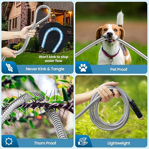 Miniatura 4 de Manguera de jardín de 100 pies, manguera de agua con boquilla de 10 funciones, manguera de jardín de metal con conectores a prueba de fugas, sin