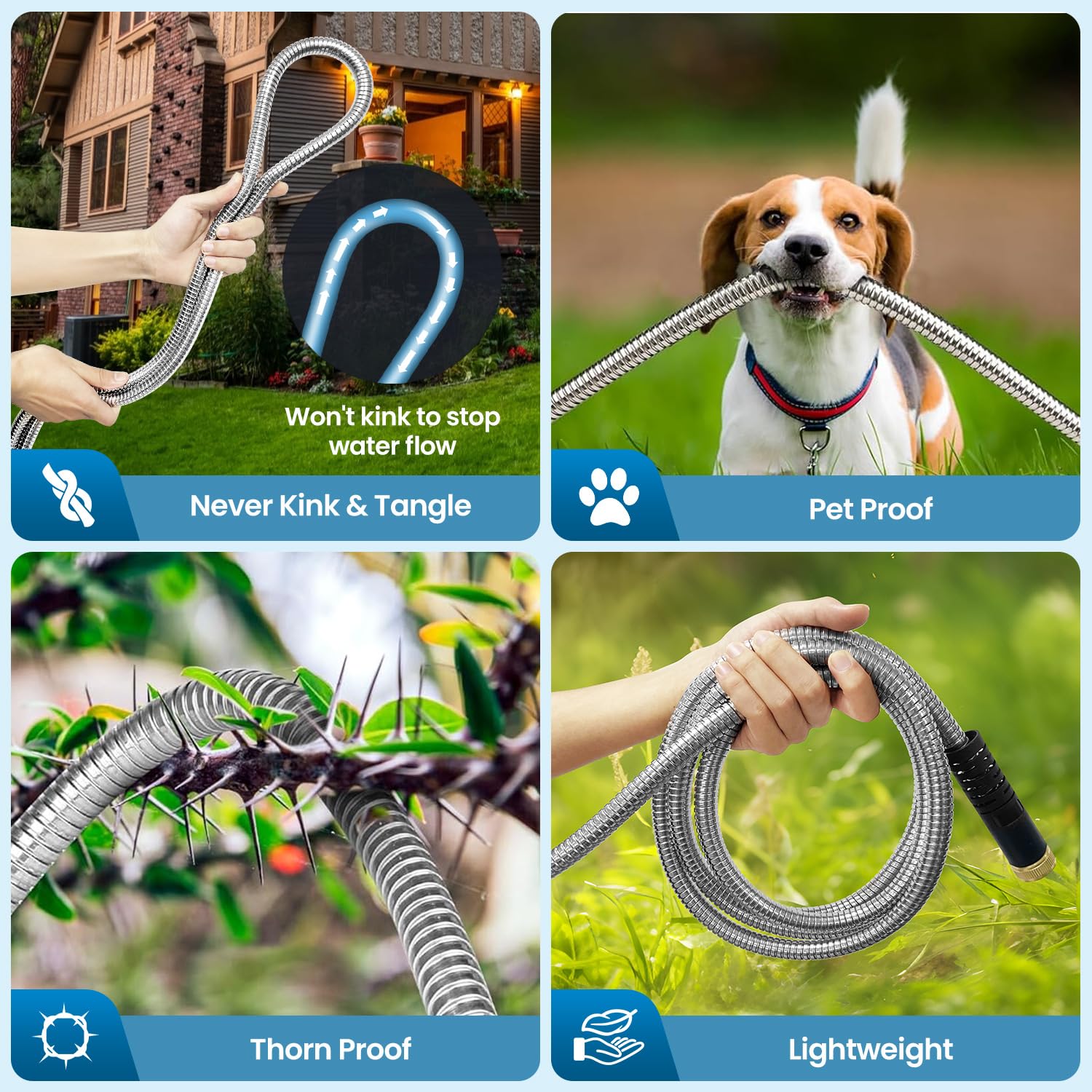 Tubo da giardino, tubo dell'acqua con ugello a 10 funzioni, tubo da giardino in metallo con connettori a prova di perdite, antipiega e ultra flessibile, a prova di ruggine/animali domestici/forature
