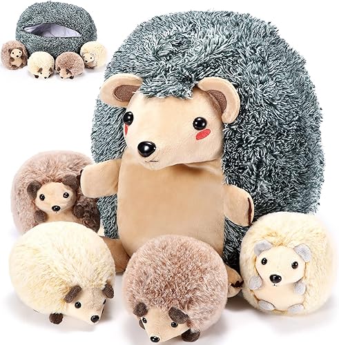Aoriher Juego de 5 juguetes de peluche de erizo grande de 14 pulgadas, 1 erizo mamá con 4 lindos peluches de bebé en su barriga, suave peluche para