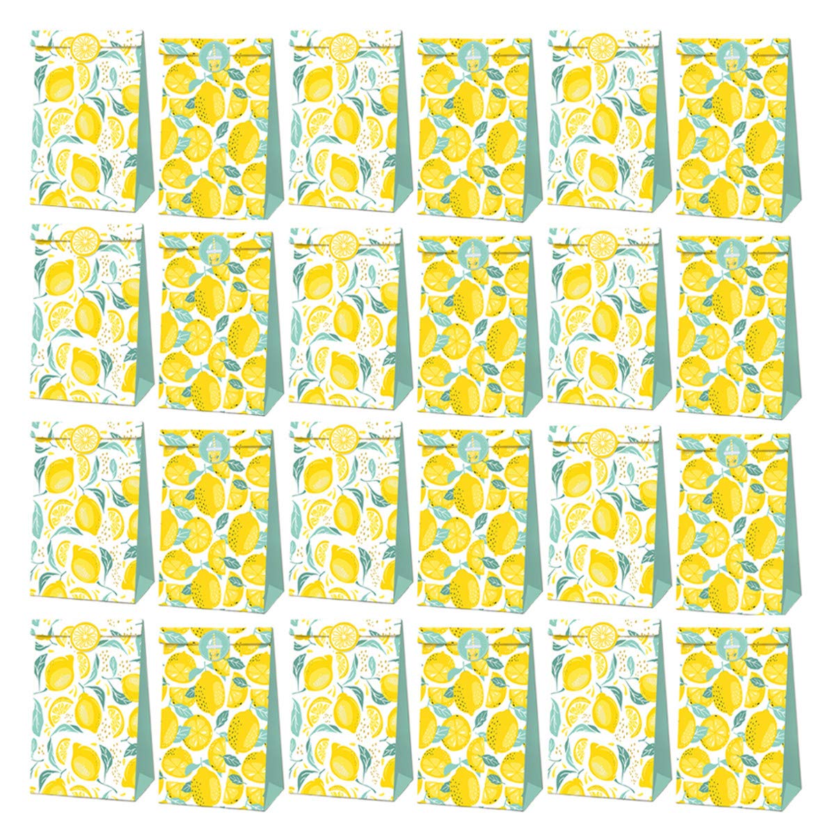 STARINGIRL 24 Pcs Yellow Lemon Goodie Paper Candy Gift Bags Treat Bags with 24pcs Lemon Pattern Stickers For Lemon Summer Themed Party Supplies