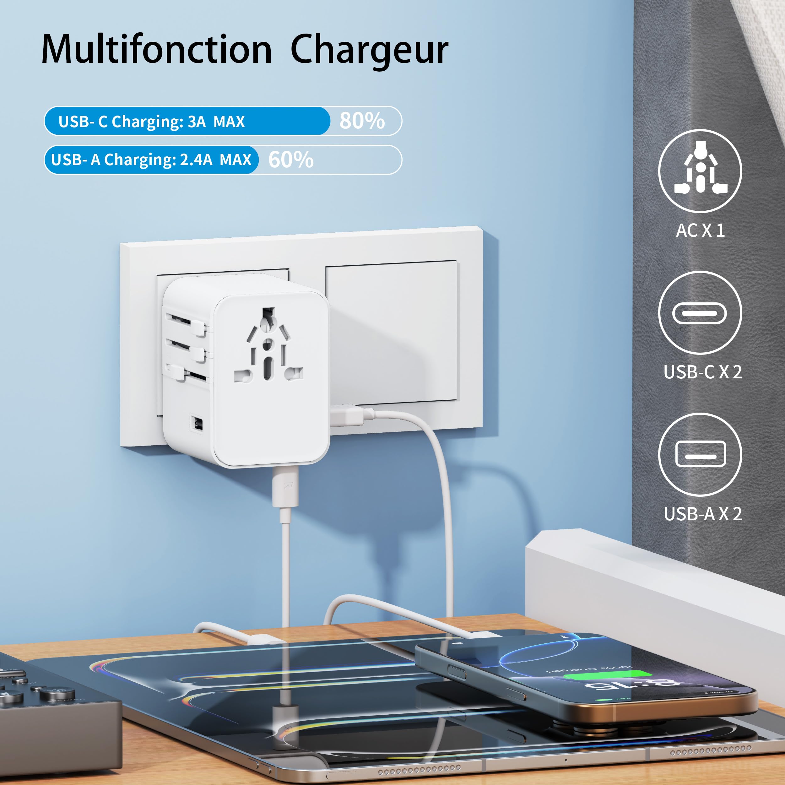 Adaptateur Prise Universelle Adaptateur Voyage avec 2 Ports USB A et 2 Ports Type C，France vers USA Canada UK Italie Australie Chine Japon Thaïlande，Prise Universelle Voyage