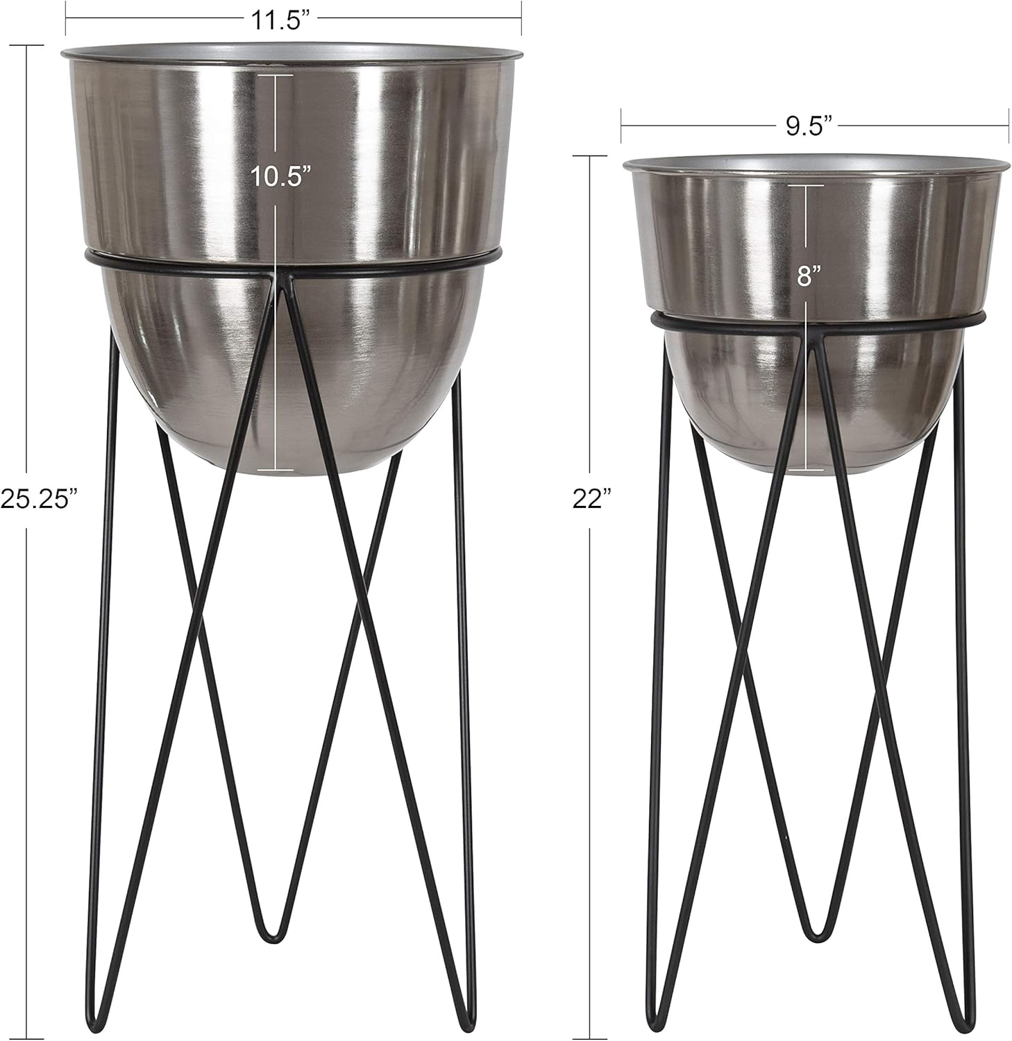 Kate and Laurel Mantua Modern Metal Planter Set, Set of 2, Black and Silver, Decorative Planter with Stand Collection