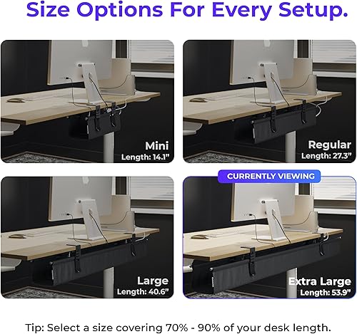Miniatura 4 de Ascrono Bandeja de organización de cables original sin taladros debajo del escritorio, 53.9 pulgadas, organización de cables de tela negra de alta