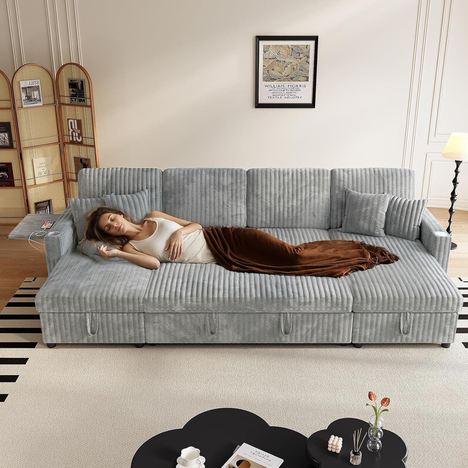 Sleeper Sectional Sofa, 110" Modern U Shaped Couch with Pull Out Bed, Convertible Corduroy Cloud Sofa with Double Storage Chaise, USB, Small Desktop, Comfy Modular Couch for Living Room, Light Gray