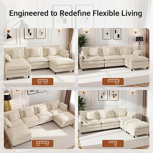 Miniatura 7 de YDN Sofá de 110 pulgadas, sofás seccionales para sala de estar, sofá nube con otomana móvil, juego de sofá modular en forma de L, color beige