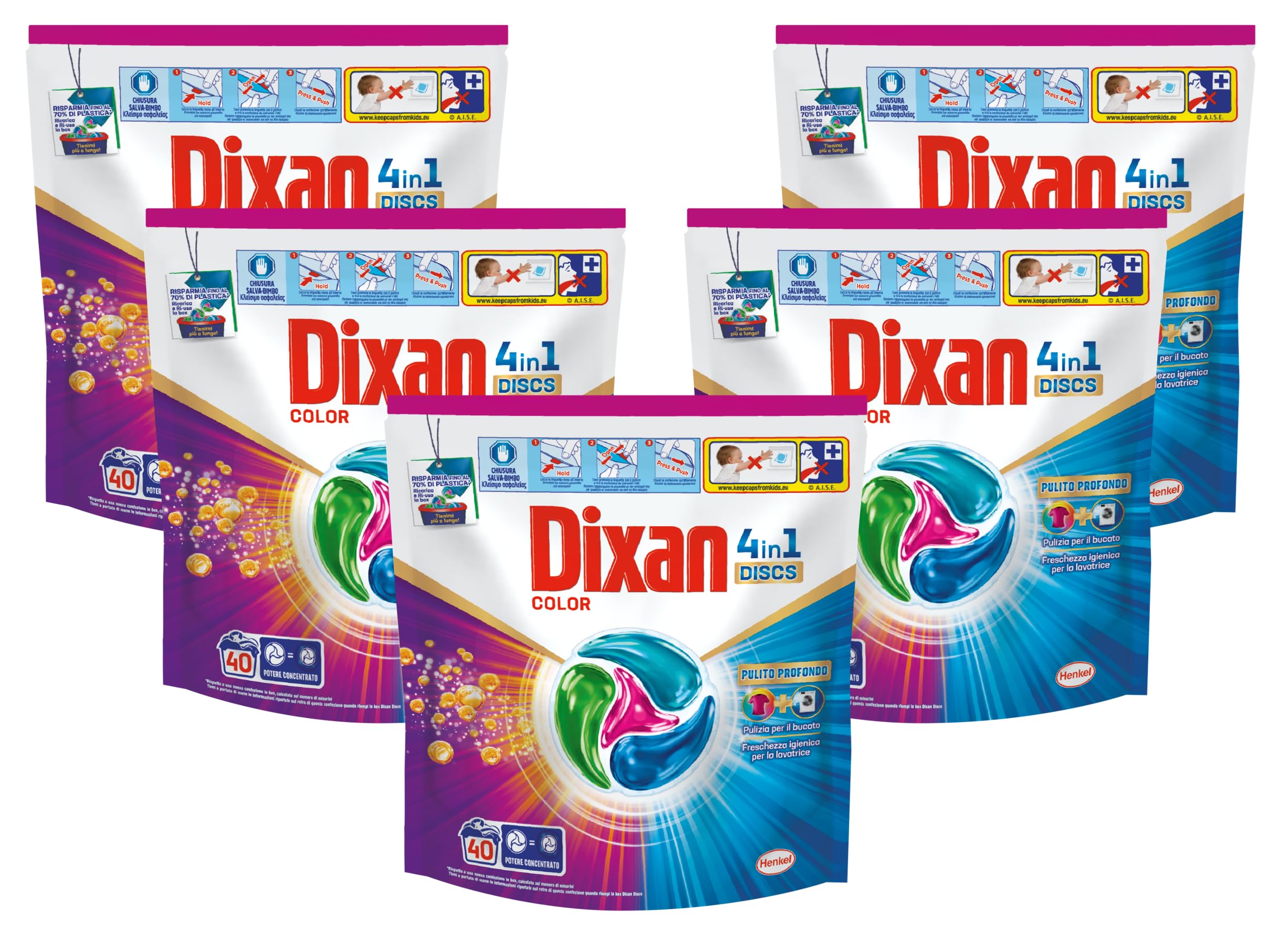 Dixan DISCS 4in1 Color Detersivo Lavatrice (40 Lavaggi), Capsule lavatrice per colori vivaci, pulizia profonda del bucato e freschezza igienica per la lavatrice, Rimuove le macchie da 20°C
