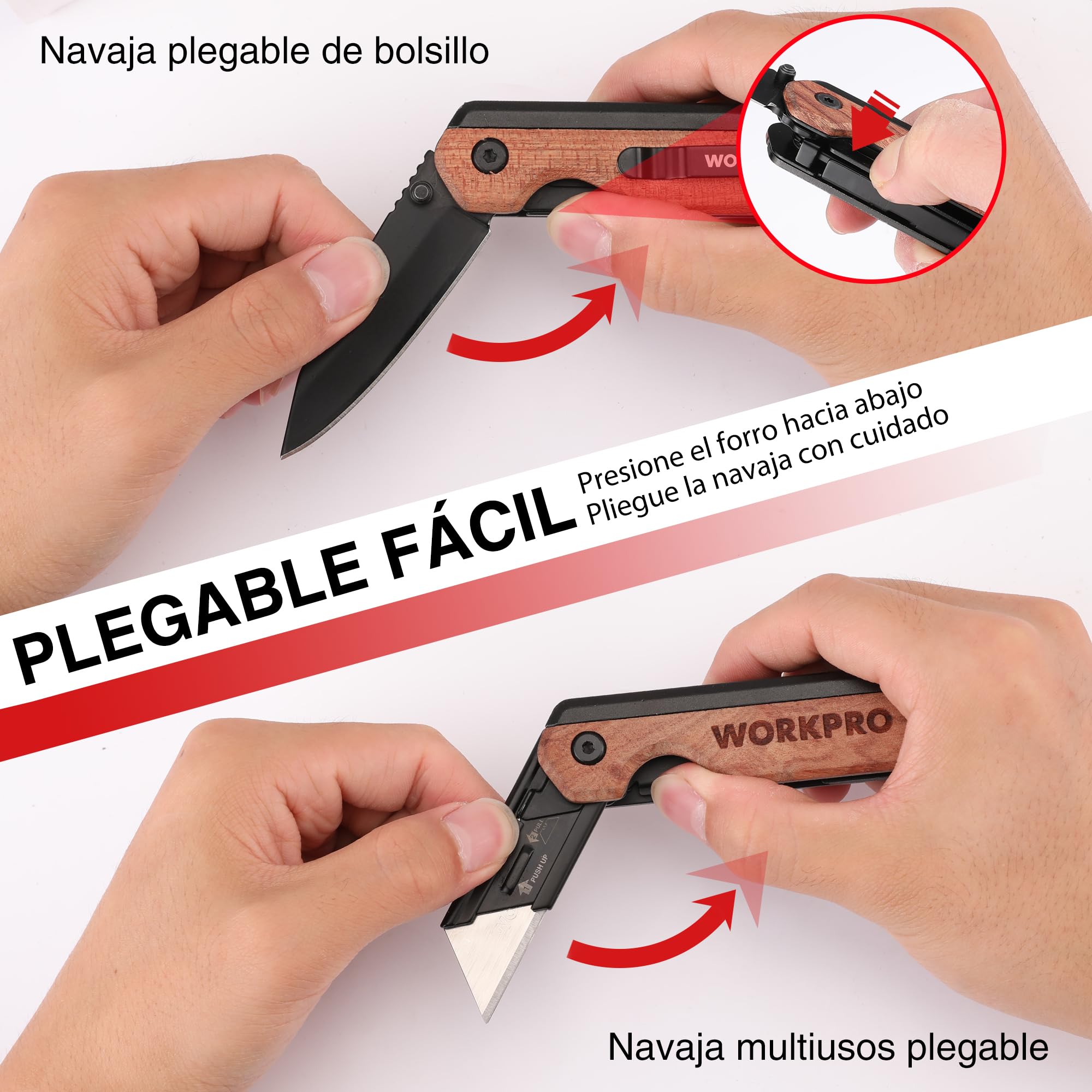 WORKPRO Cuchillo Plegable y Navaja 2 en 1, Cuter Utilitario de Aluminio, Navaja con Mango de Madera y Clip para Cinturón, Cambio Rápido, con 10 Cuchillas SK5 Extra