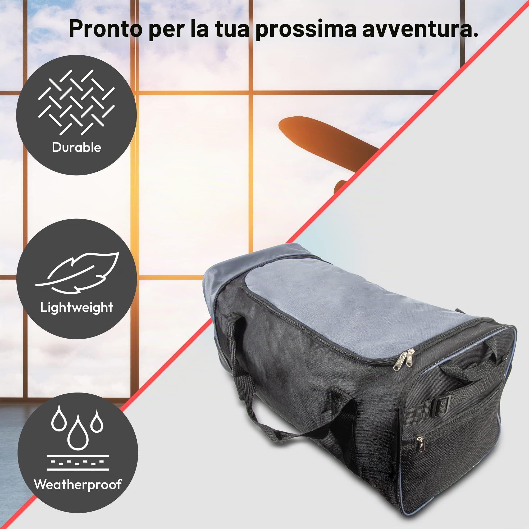 iN Borsone da viaggio pieghevole con ruote in plastica, utilizzabile come borsa leggera per bagagli, valigia o zaino. Ideale per viaggi, kit e attrezzature sportive., nero/grigio, 30 x 32 x 10 cm