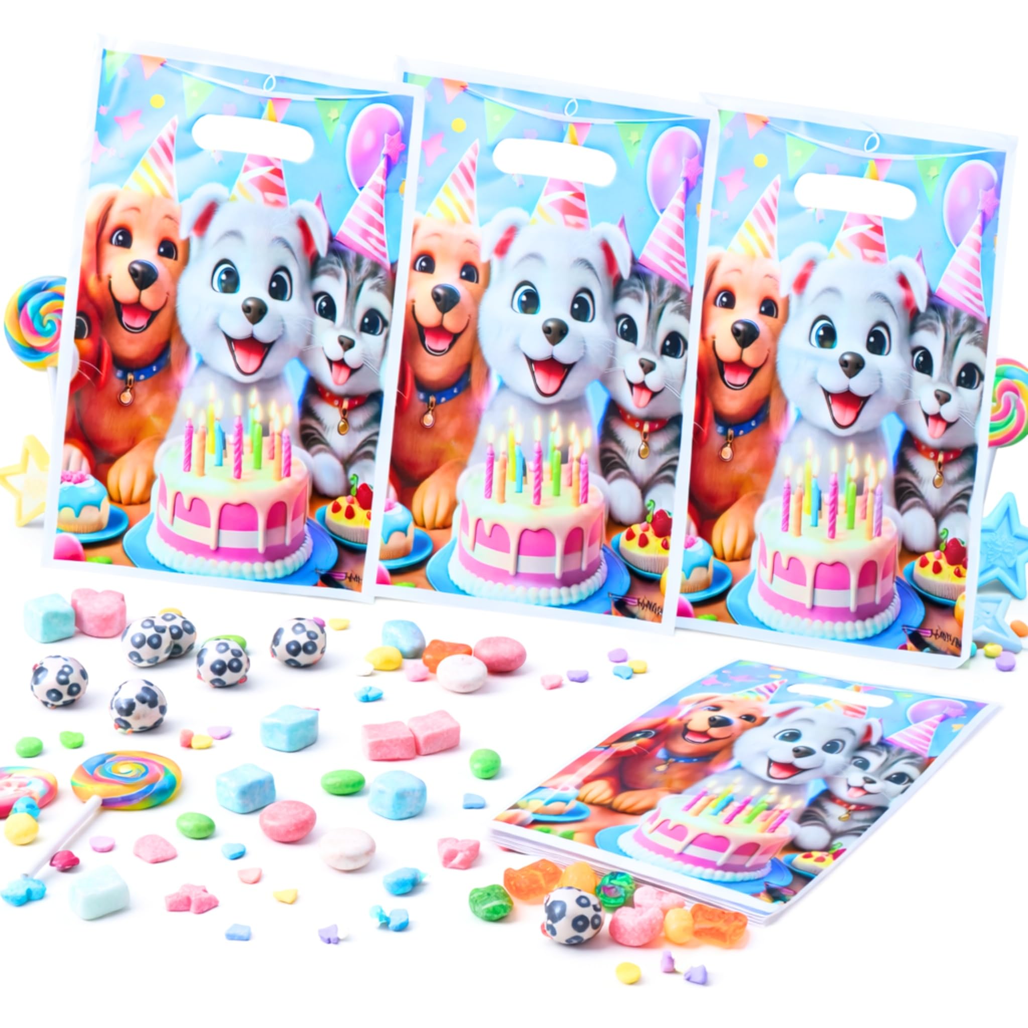 25 Bolsas Cumpleaños Infantil para Chuches – Bolsitas Regalo Fiesta Niños, Bolsas para Cumpleaños, Guardería y Eventos | Diseño Perritos y Gatitos - HAIYMA