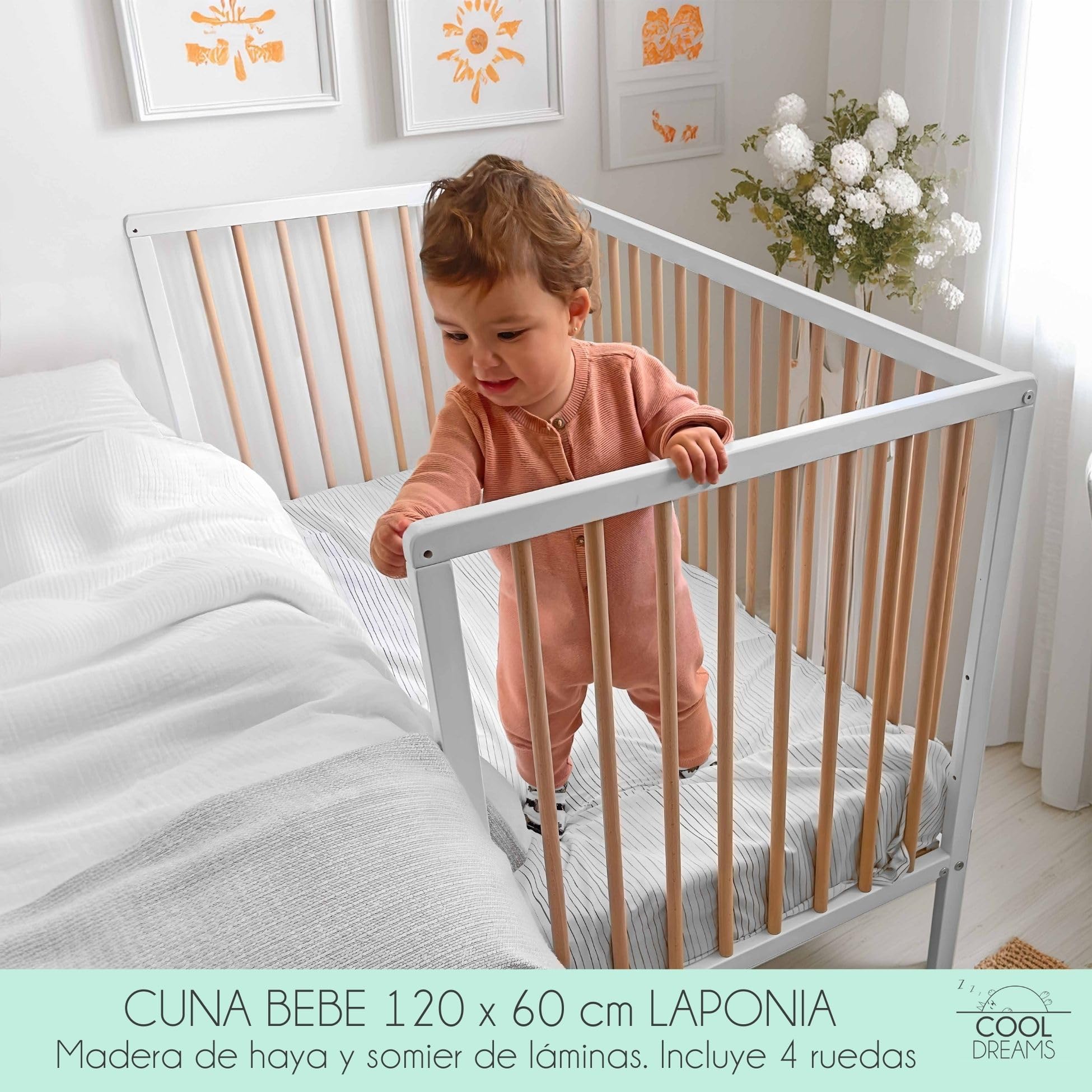 Cuna de Bebé Laponia Estilo Nórdico Color Natural 120x60 cm, de Madera de Haya, con Colchón Morfeo y Funda Impermeable CoolDreams