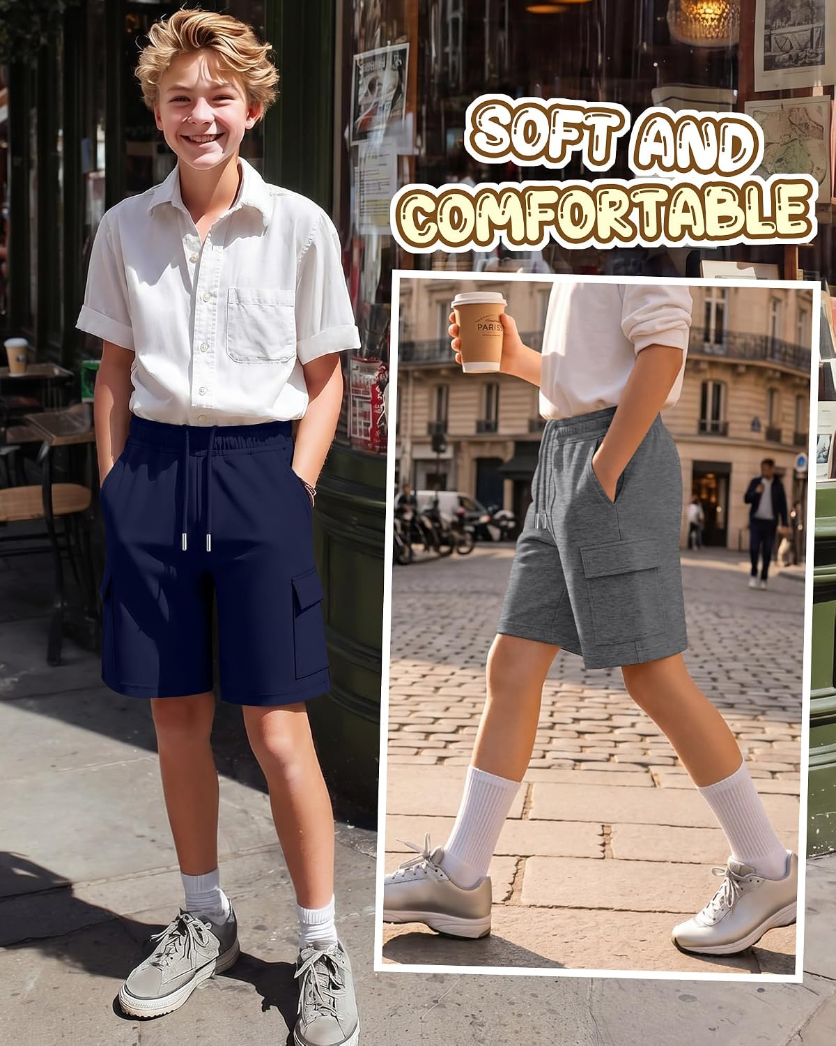 3 Pack Boys' Cargo Shorts Elastic Waist Athletic Bermuda Casual Short Sweatpants with Pockets 5-14 Years